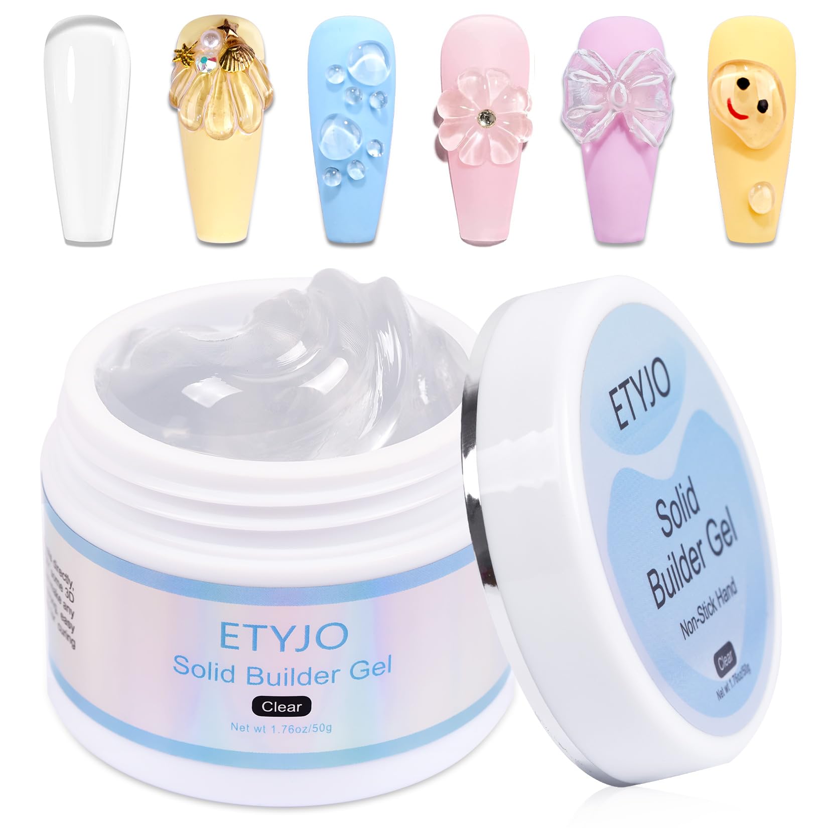 ETYJO solid gel builder 50g clear showcases large capacity for extended nail art sessions.