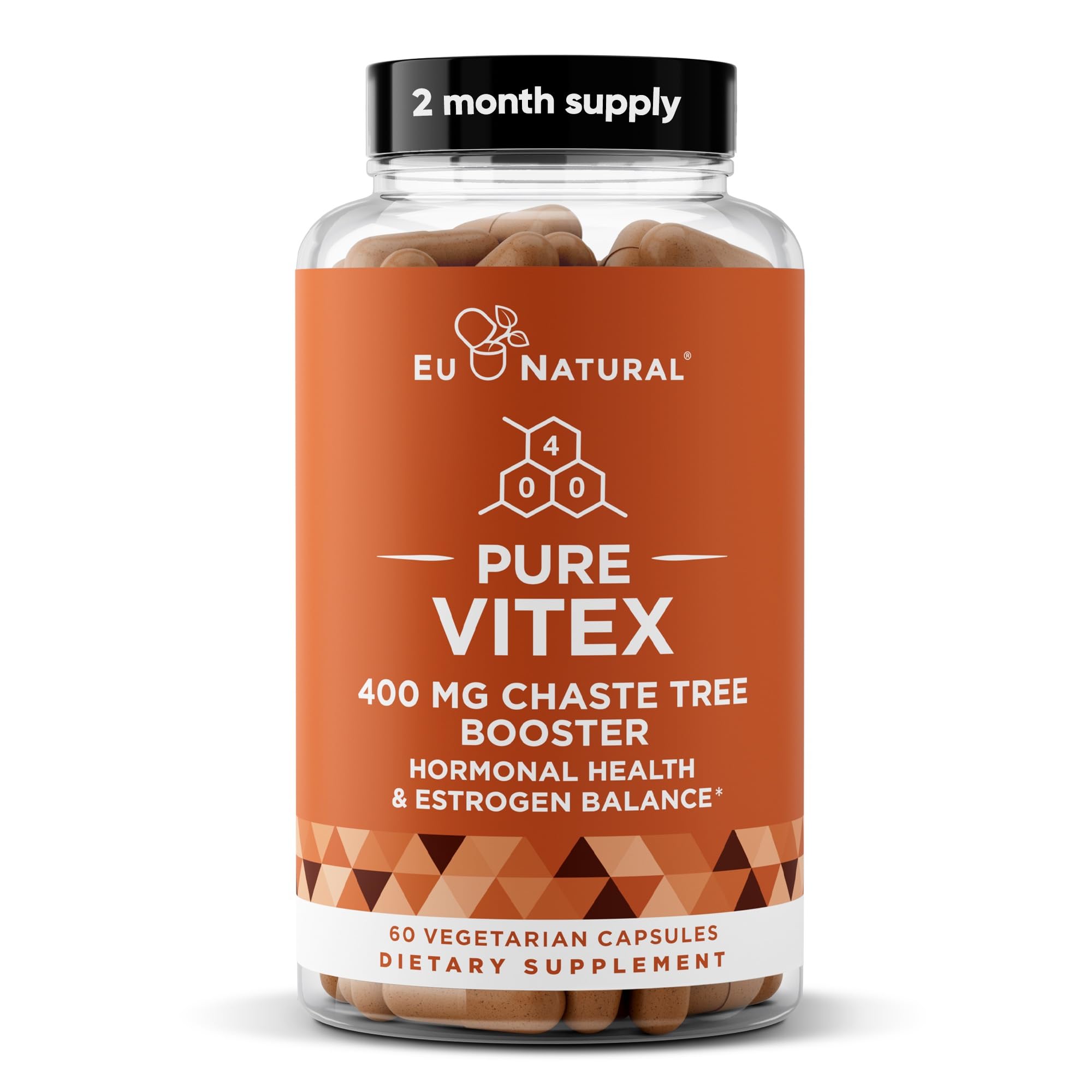 Eu Natural Vitex Pure 400mg bottle promotes hormone balance for PMS support.