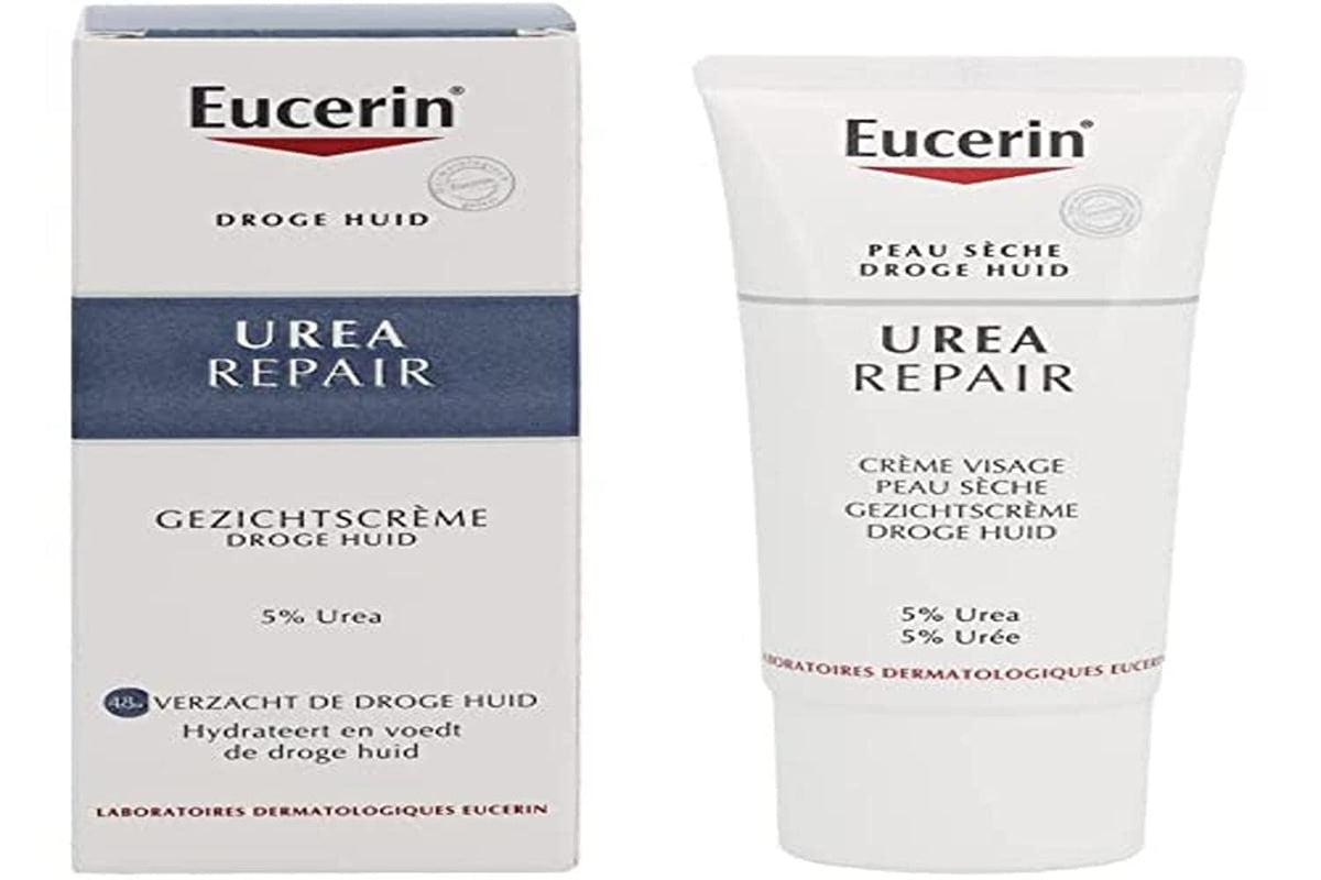 Eucerin 5% Urea smoothing face cream tube close-up showing rich hydration for dry skin