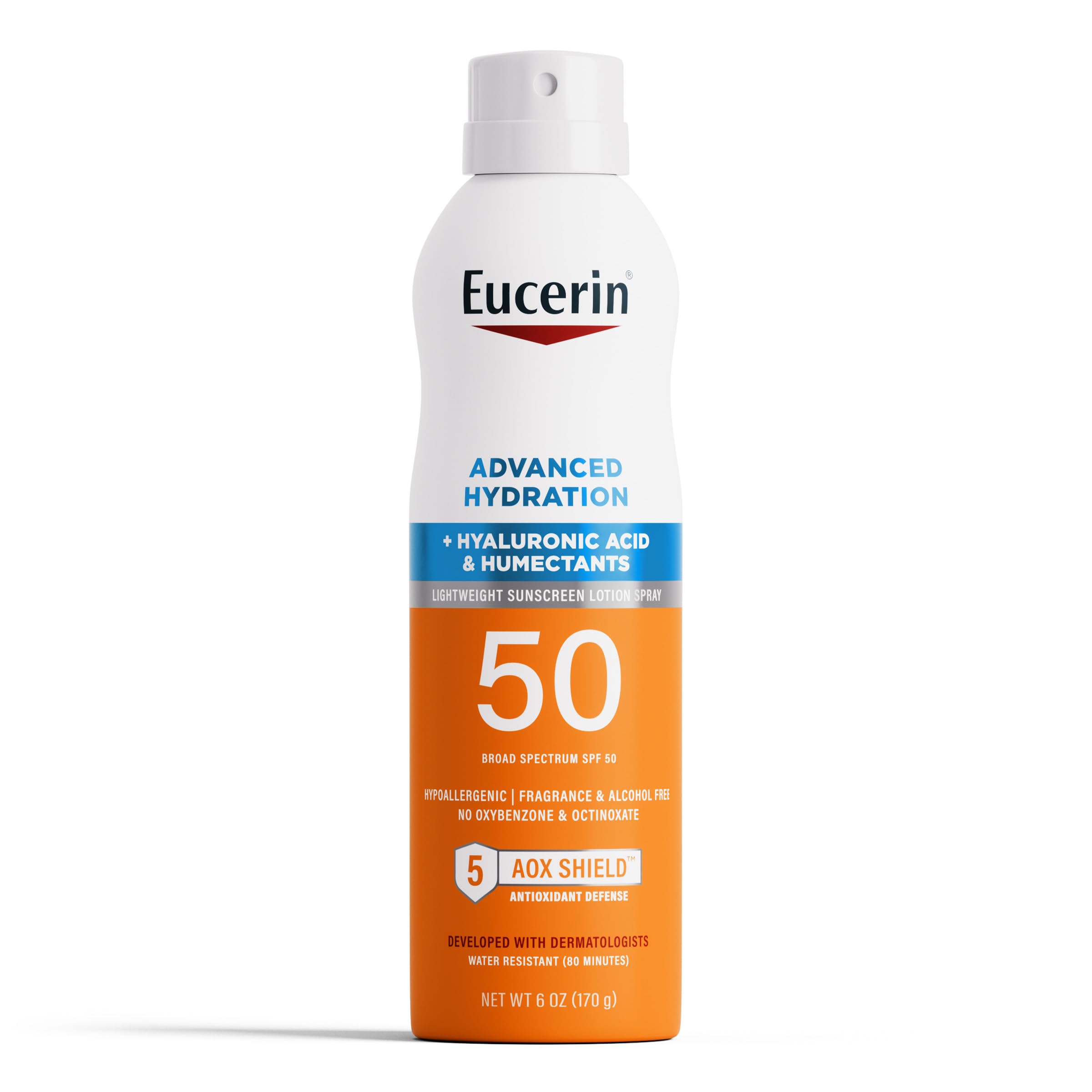 Eucerin Advanced Hydration Sunscreen Spray bottle front view with fragrance-free protection