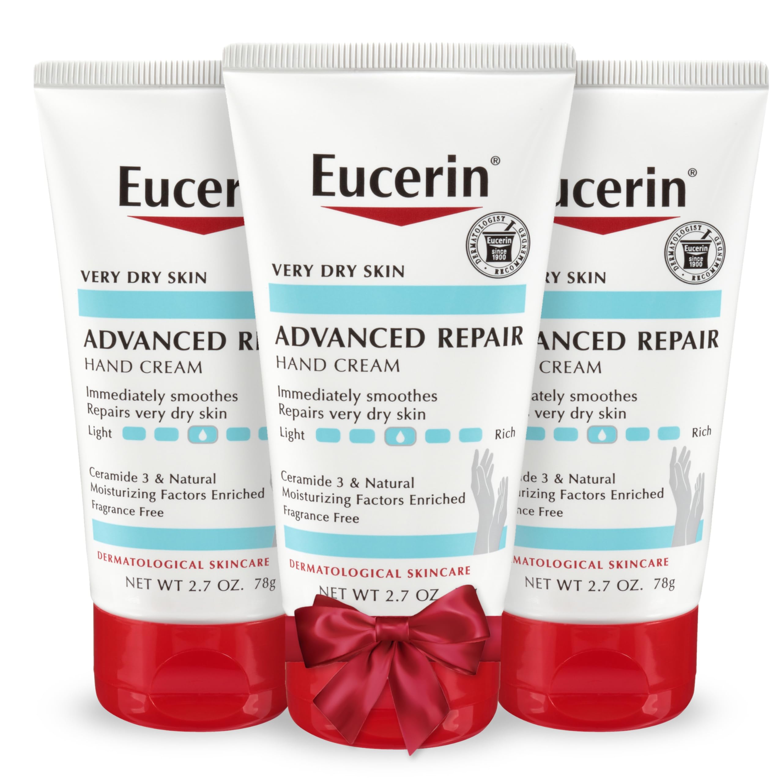 Eucerin Advanced Repair Hand Cream tube close-up highlighting fragrance-free hydration