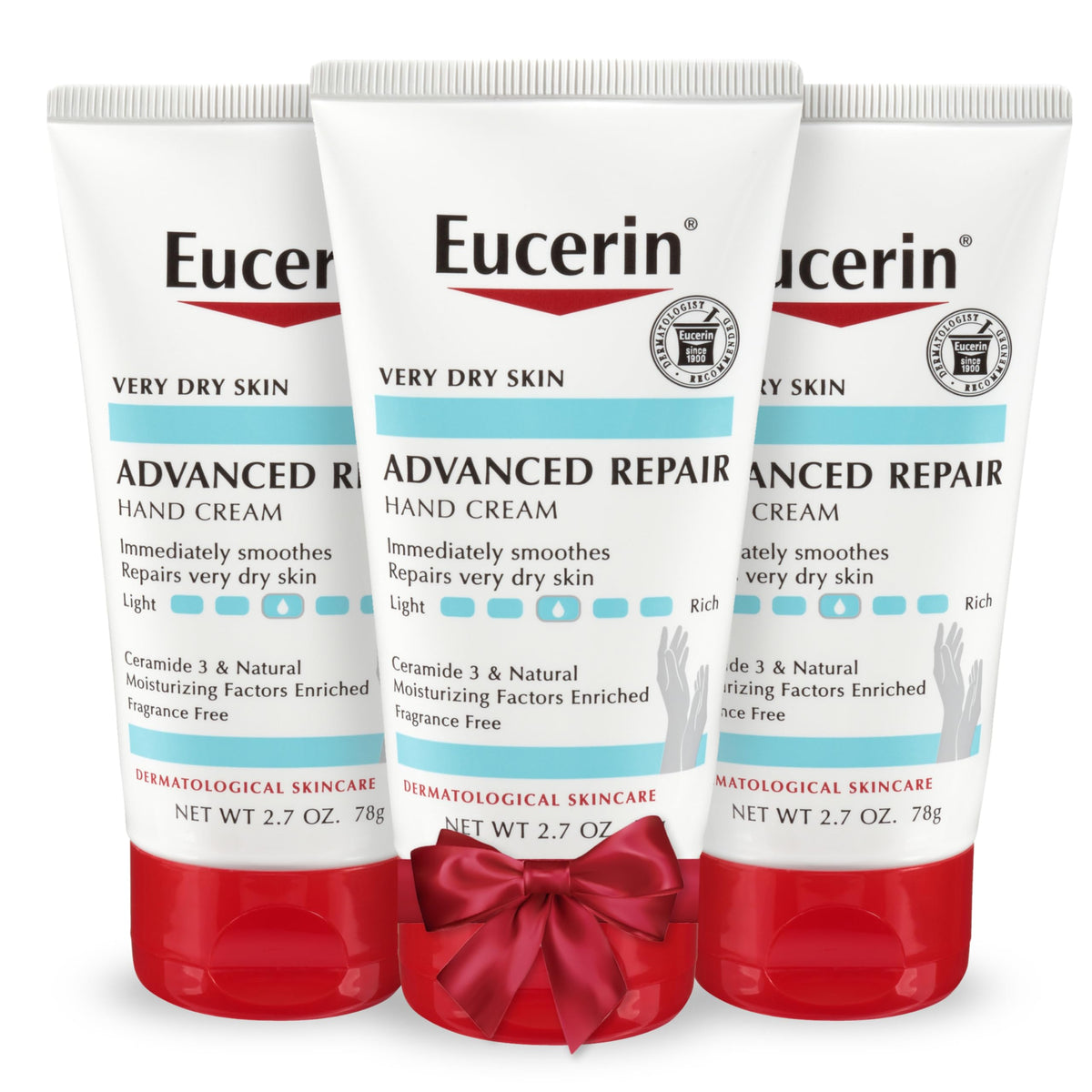 Eucerin Advanced Repair Hand Cream tube close-up highlighting fragrance-free hydration