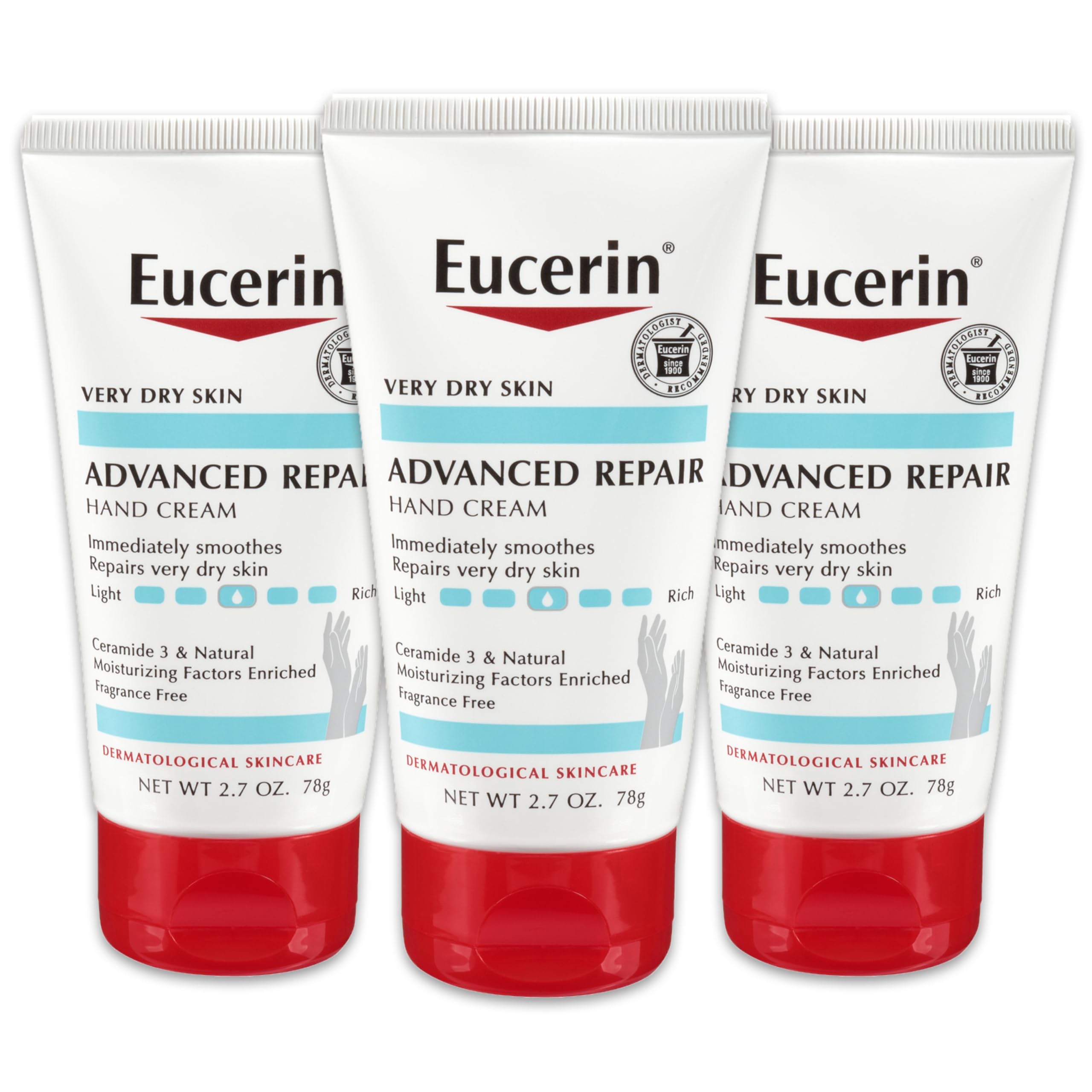 Eucerin Advanced Repair Hand Cream tube close-up highlighting fragrance-free hydration