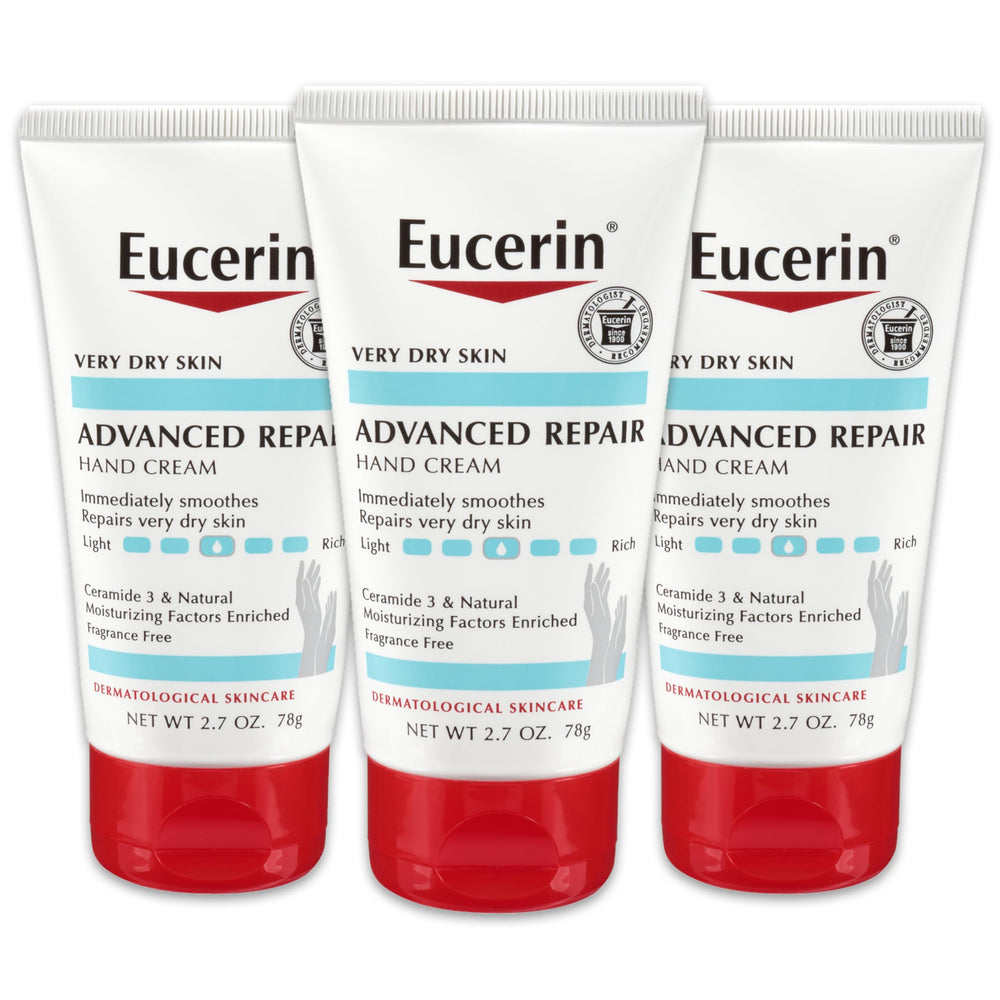 Eucerin Advanced Repair Hand Cream tube close-up highlighting fragrance-free hydration