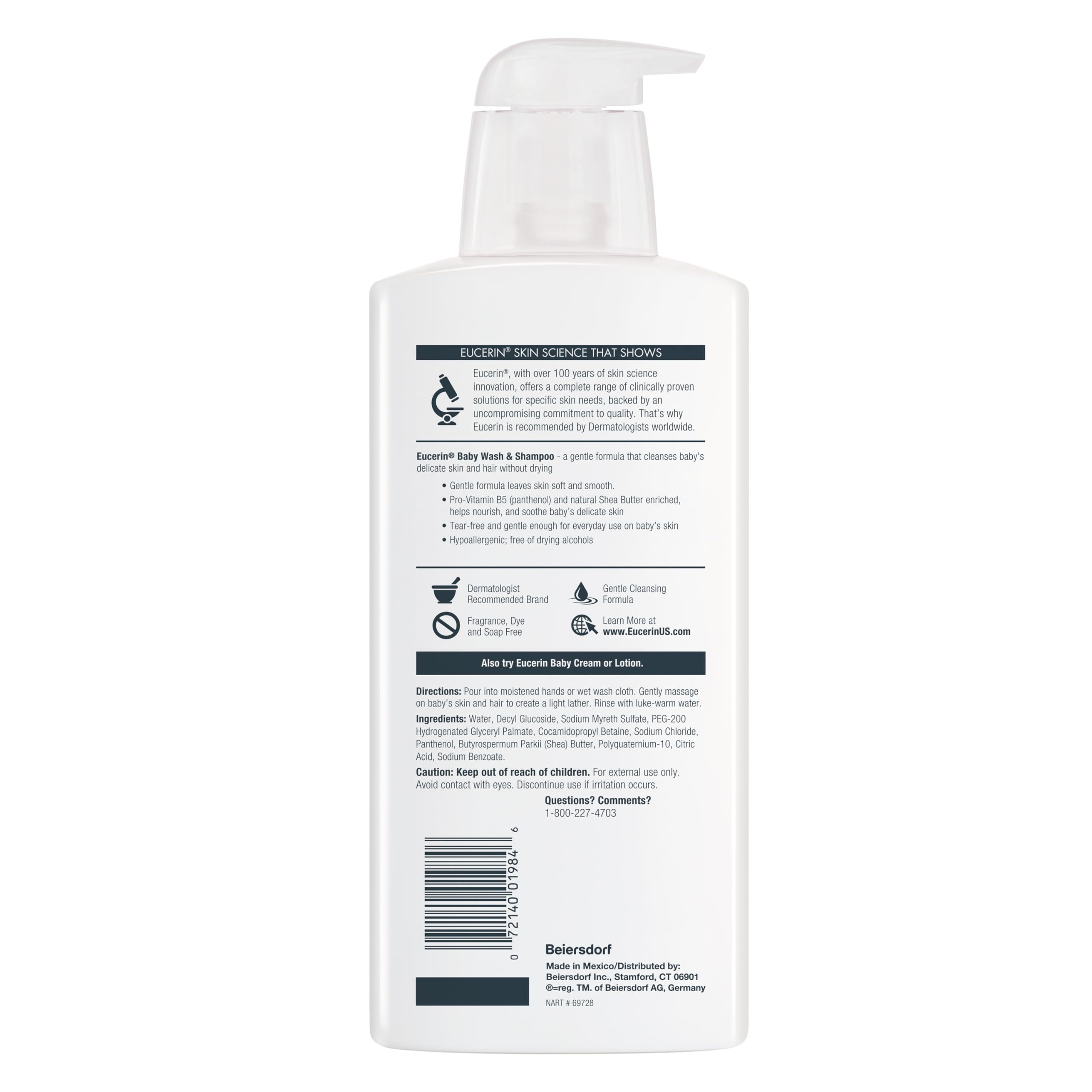 Eucerin Baby Unscented Shampoo and Body Wash 3-pack on display for convenient care.