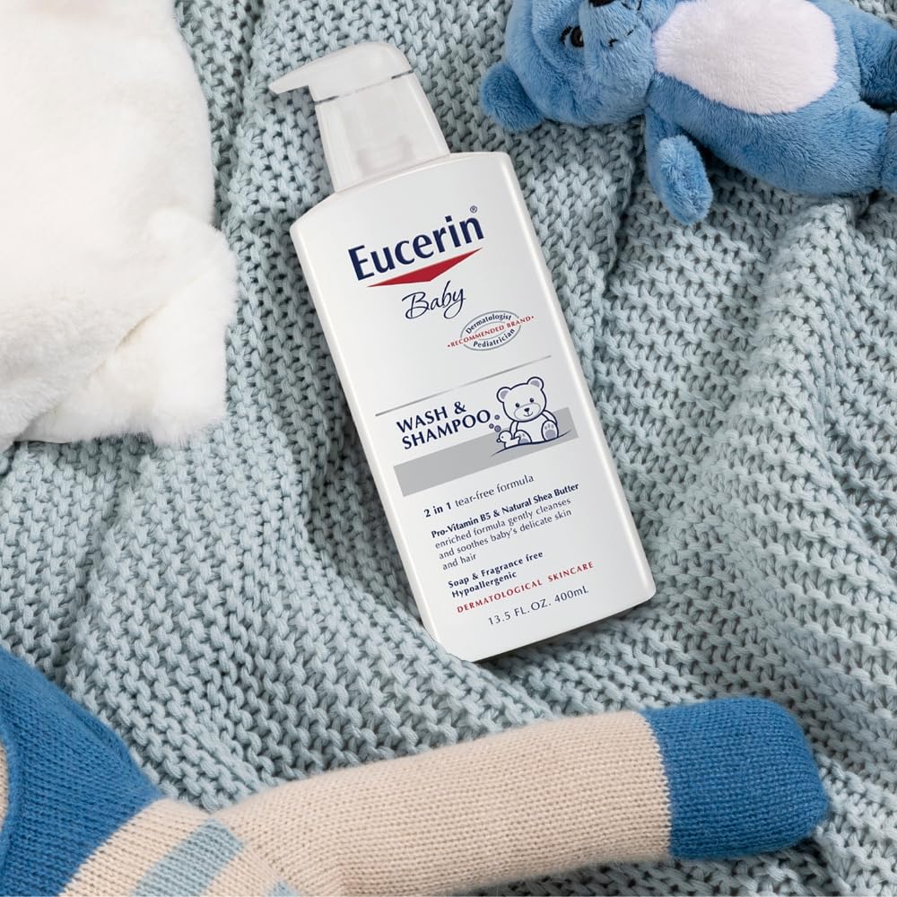 Eucerin Baby Unscented Shampoo and Body Wash tear-free formula close-up.