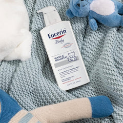Eucerin Baby Unscented Shampoo and Body Wash tear-free formula close-up.