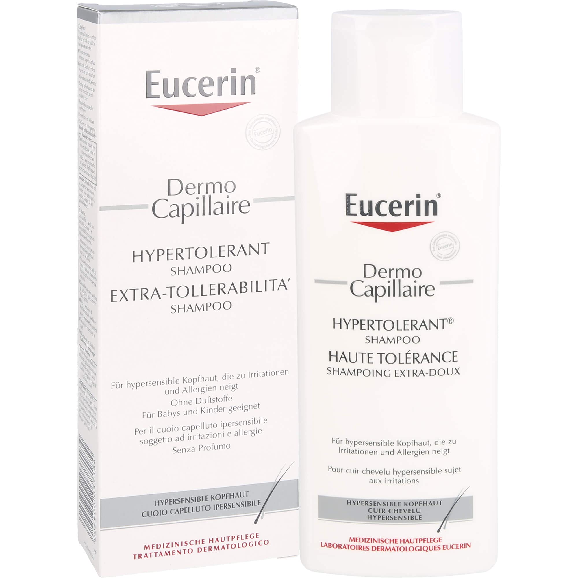 Eucerin Dermo Capillary Shampoo close-up on scalp showing irritation relief