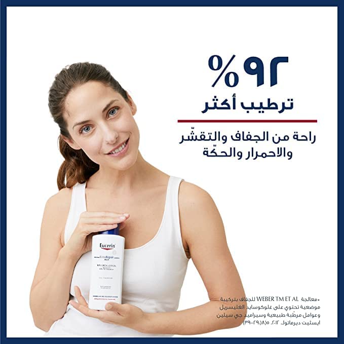 Applying Eucerin Dry Skin Intensive 10% Urea Lotion to skin for daily moisture
