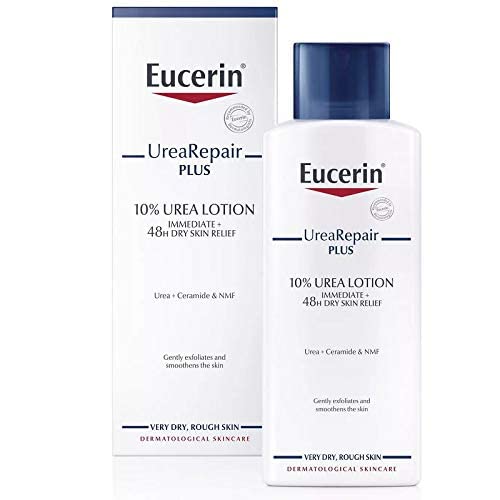 Eucerin Dry Skin Intensive 10% Urea Lotion pump dispense demonstrates easy application for dry skin areas