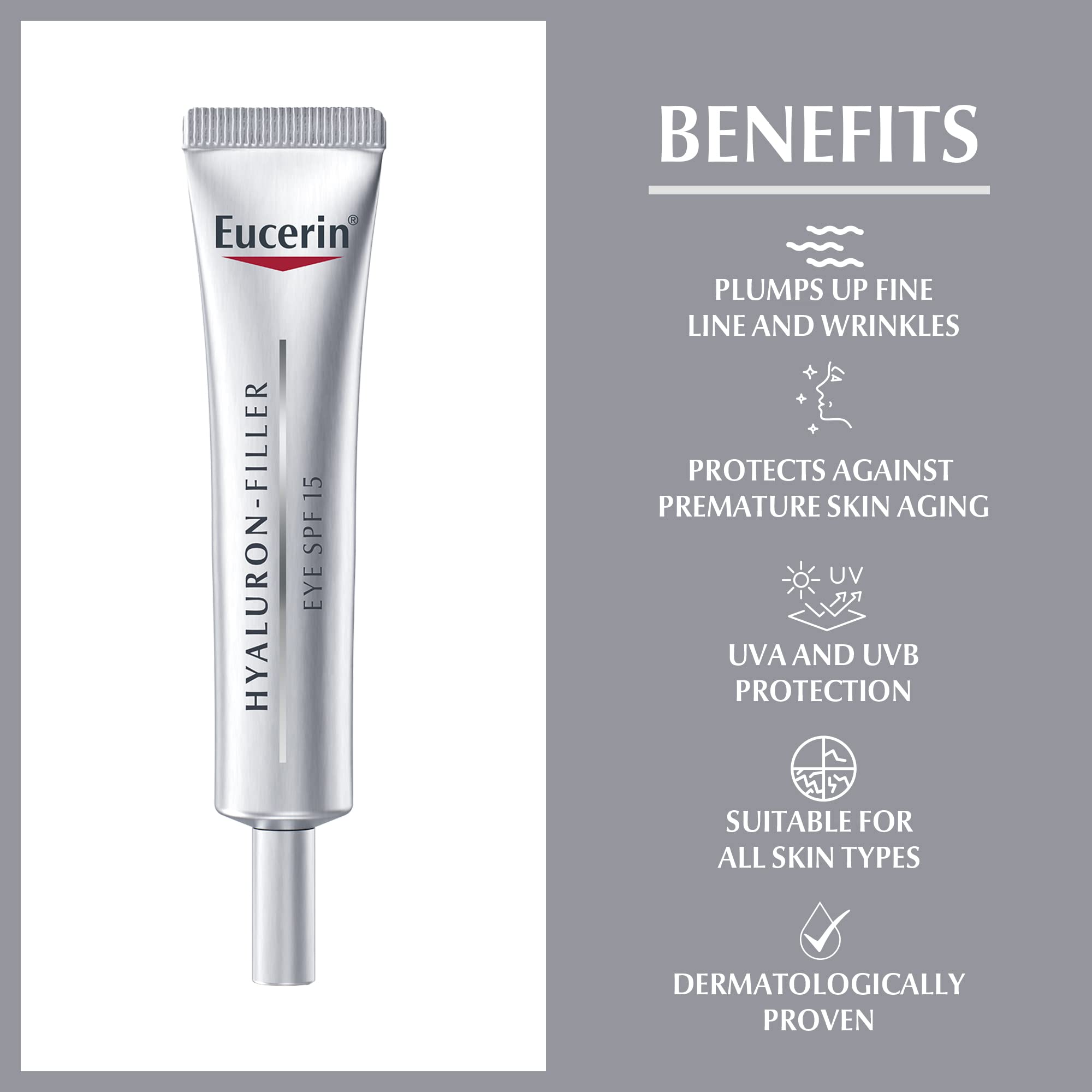 Eucerin Hyaluron Filler Eye Treatment packaging box highlights premium formula.