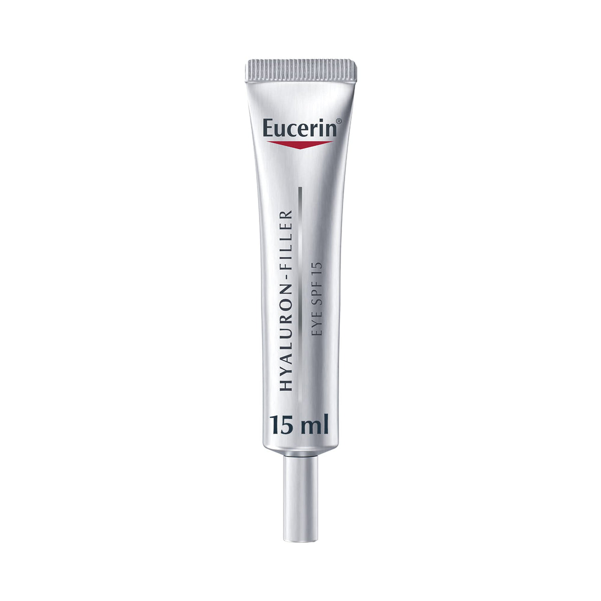 Eucerin Hyaluron Filler Eye Treatment tube closeup for targeted delicate eye care.