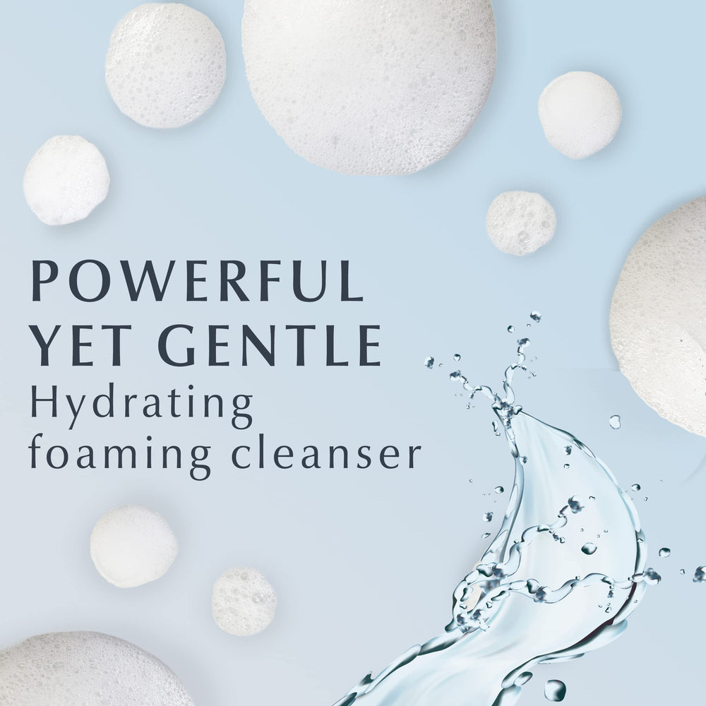 Foam on the hand demonstrates Eucerin's effective dirt and makeup removal with a hydrating feel.