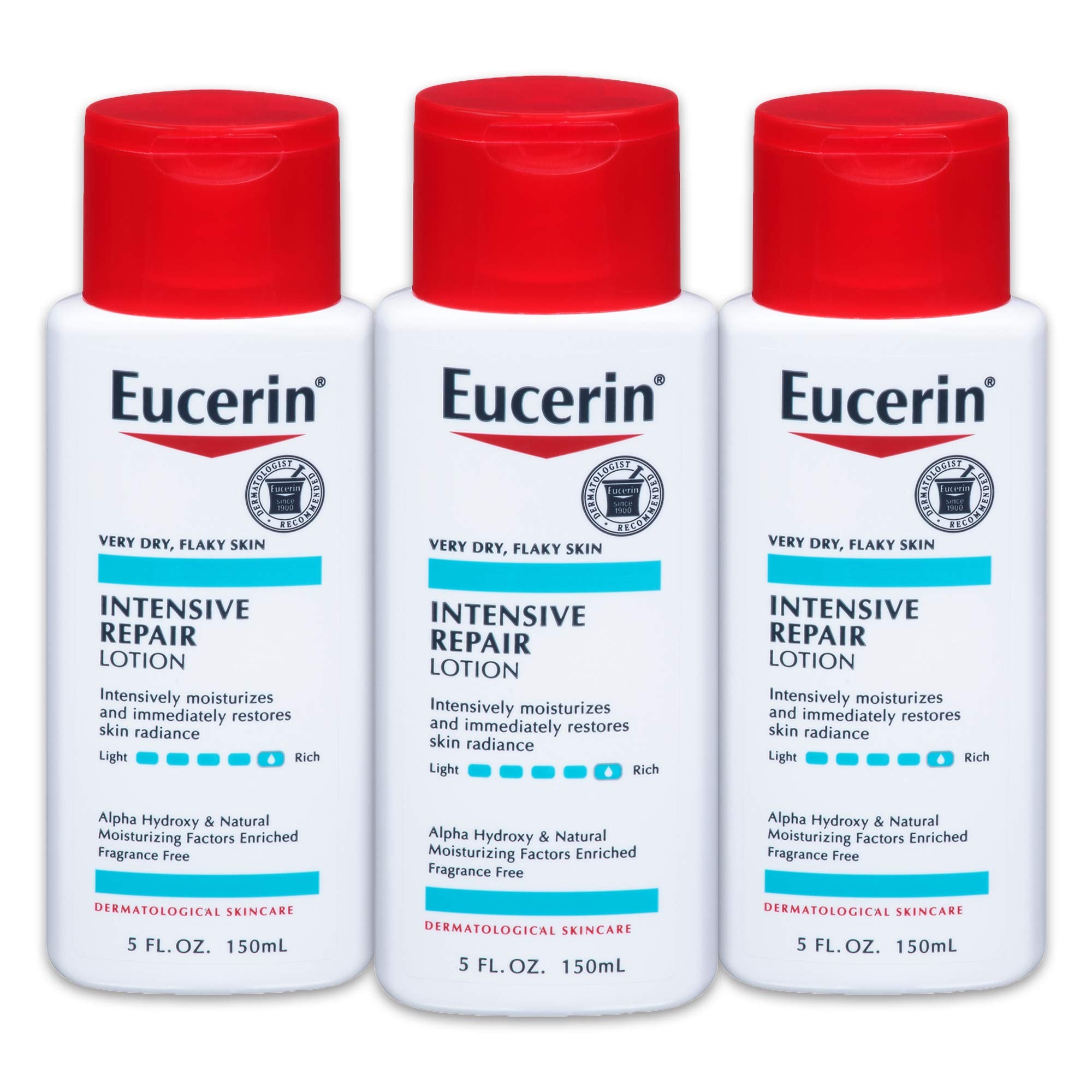 Eucerin Intensive Repair Lotion bottle shows triple-pack value for daily use.