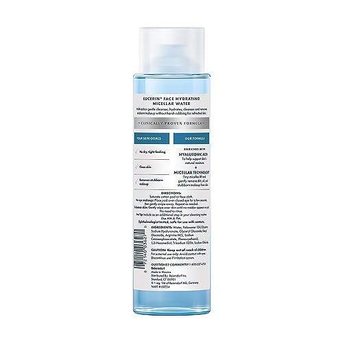 Eucerin micellar-water bottle closeup highlighting hydrating no-rinse cleansing