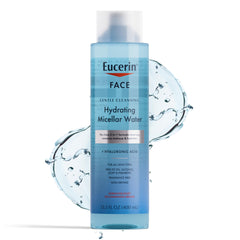 Eucerin micellar-water bottle pour showing fragrance-free cleanser for sensitive skin