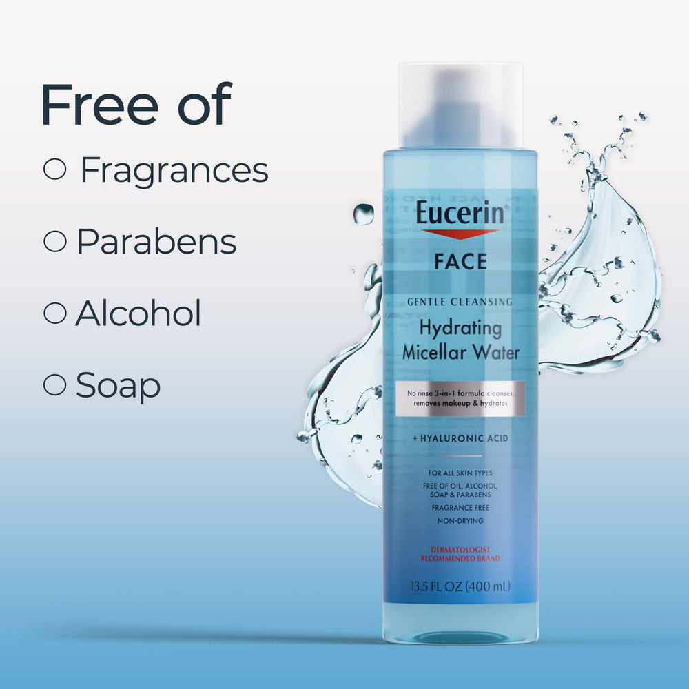 Eucerin micellar-water no-rinse label closeup emphasizing sensitive-skin formula