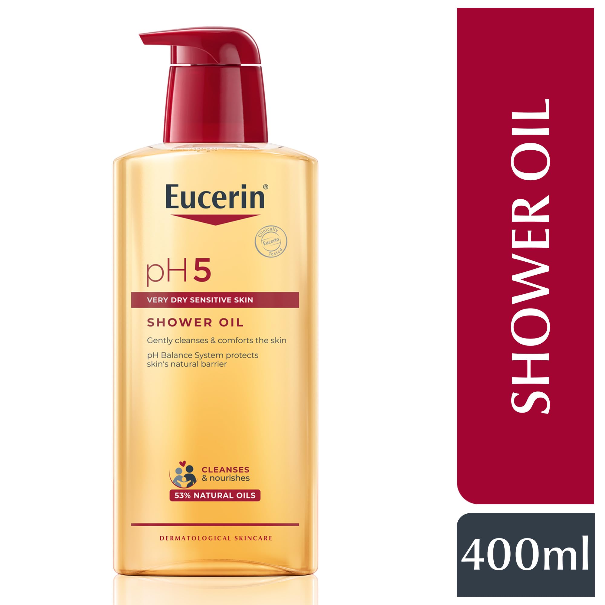 Eucerin pH5 bottle front view emphasizes gentle cleansing for dry, sensitive skin.