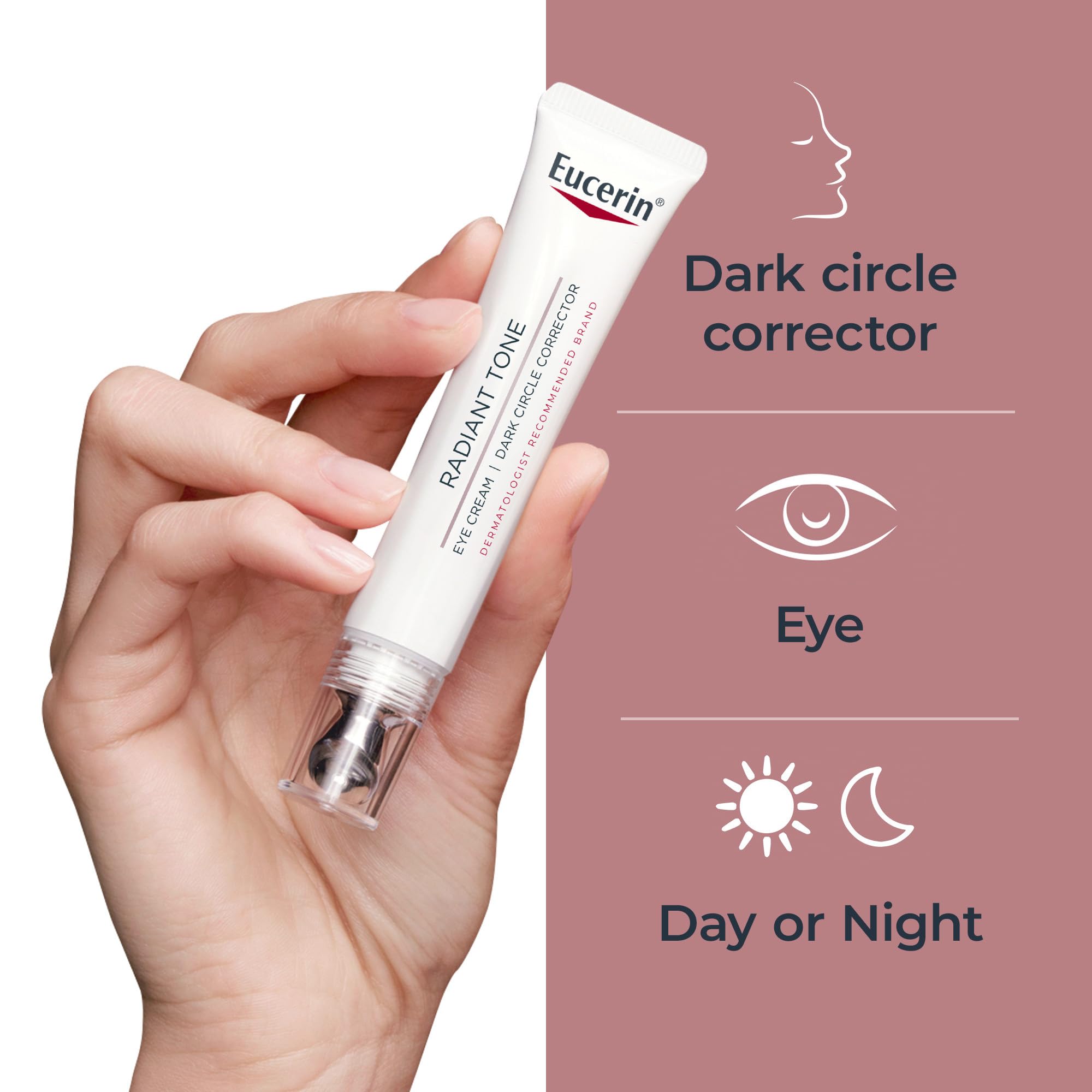Eucerin Radiant Tone Eye Cream showcasing Hyaluronic Acid for hydration.