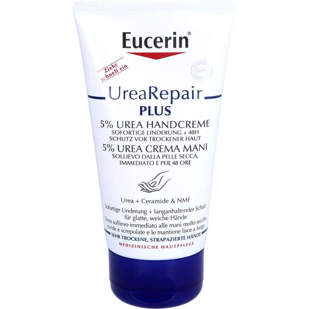 Eucerin Repairing Hand Cream texture on skin demonstrating fast absorption for damaged hands.