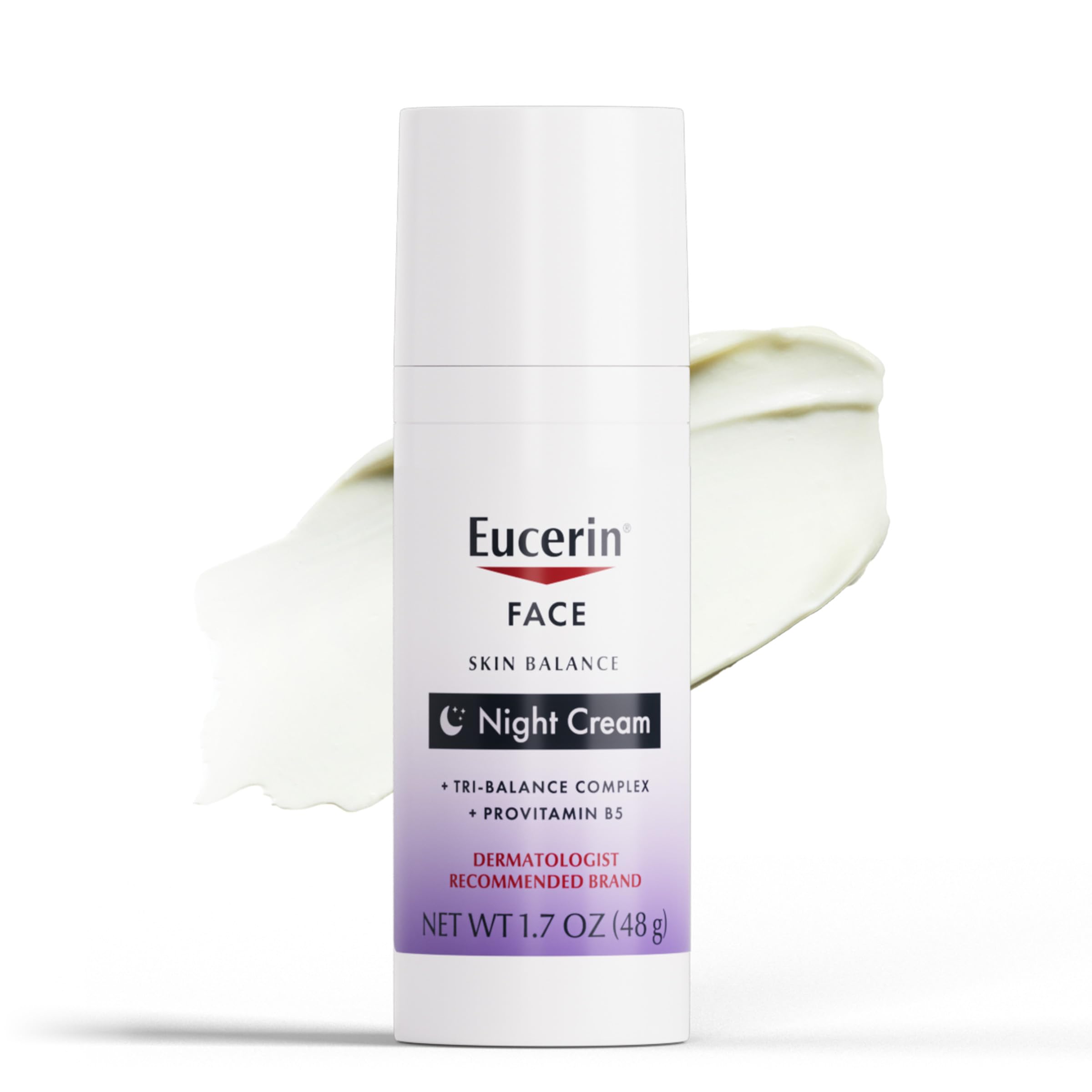Eucerin Skin Balance Night Cream jar shows fragrance-free formula for sensitive skin.