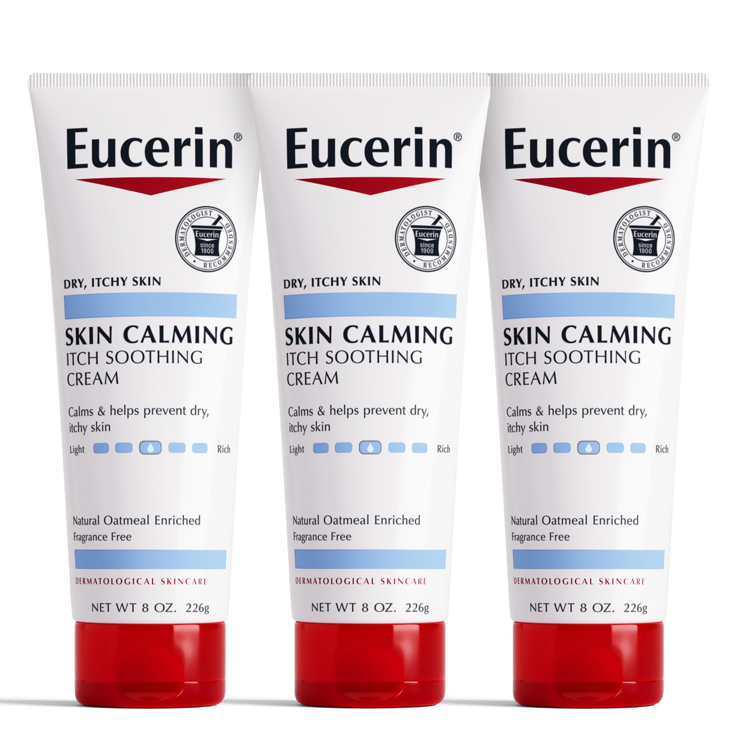 Eucerin Skin Calming Cream tube front showing fragrance-free hydration for sensitive skin.
