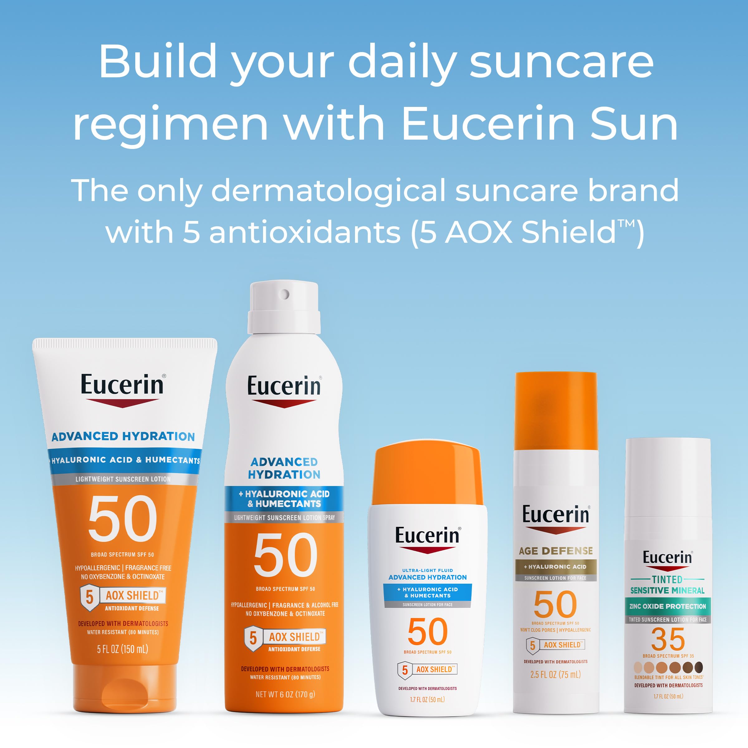 Eucerin SPF 50 bottle labeled fragrance-free and hypoallergenic