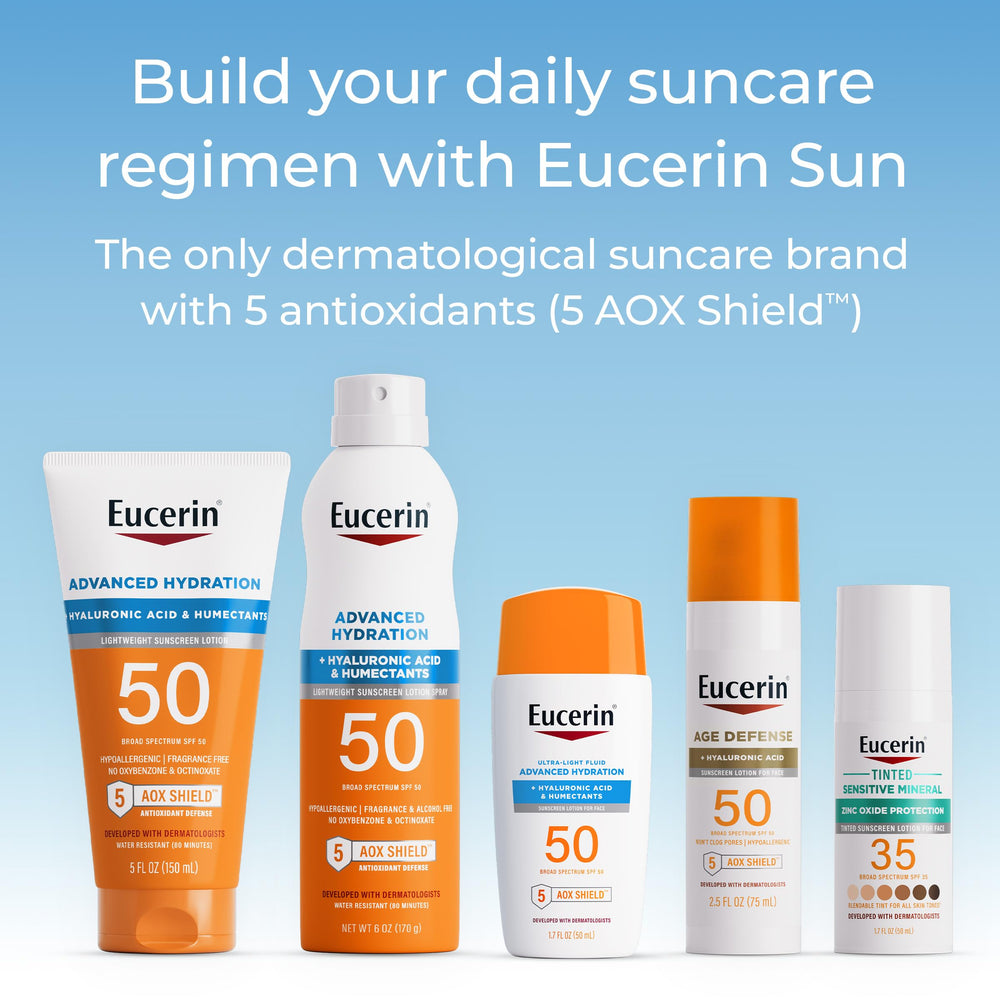 Eucerin SPF 50 bottle labeled fragrance-free and hypoallergenic