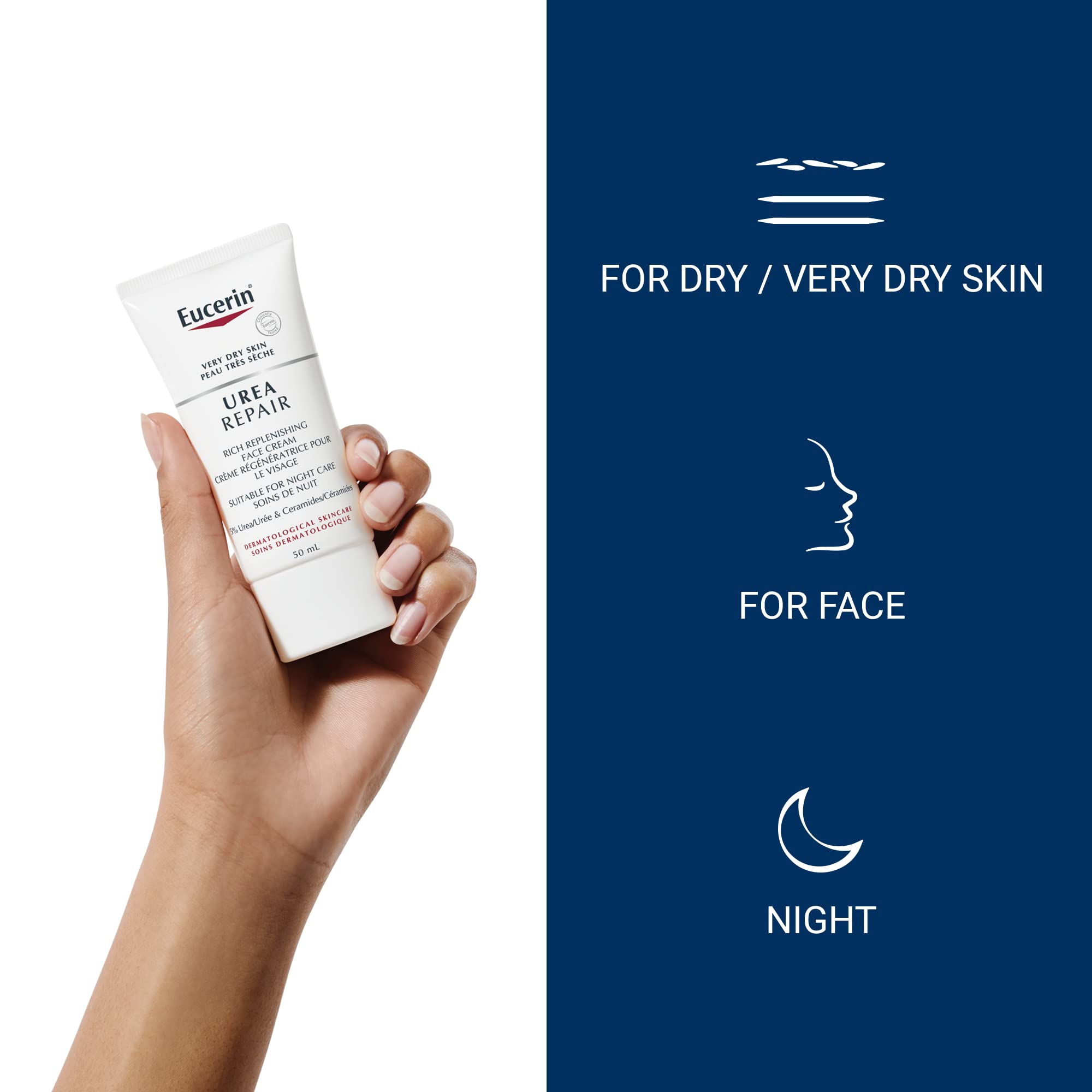 Eucerin urea-5-percent face cream close-up showing creamy texture for dry skin care.