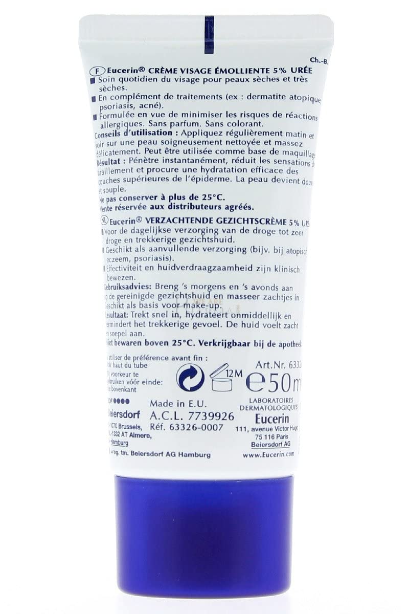 Eucerin 5% Urea packaging close-up shows fragrance-free, dye-free formula for sensitive skin