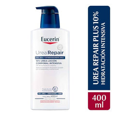 Eucerin Urea Repair Plus Intensive Lotion 400ml label close-up highlights the formula.