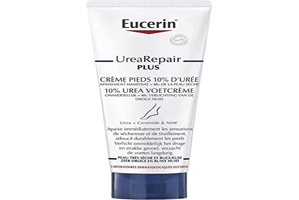 Eucerin UreaRepair Plus foot cream bottle shows 10% urea for dry feet