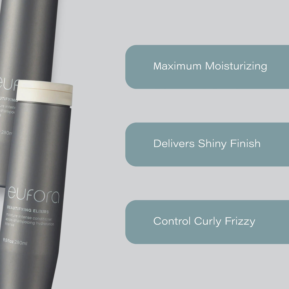 Closeup of Eufora Beautifying Elixirs enriching formula smoothing hair cuticles.