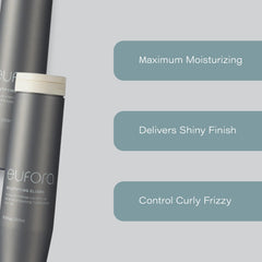 Closeup of Eufora Beautifying Elixirs enriching formula smoothing hair cuticles.