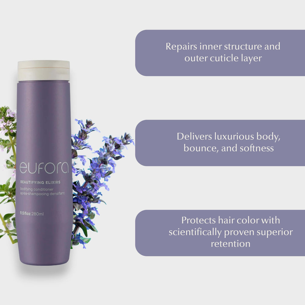 Eufora Bodifying Conditioner application closeup demonstrates smooth detangling on color-treated hair.