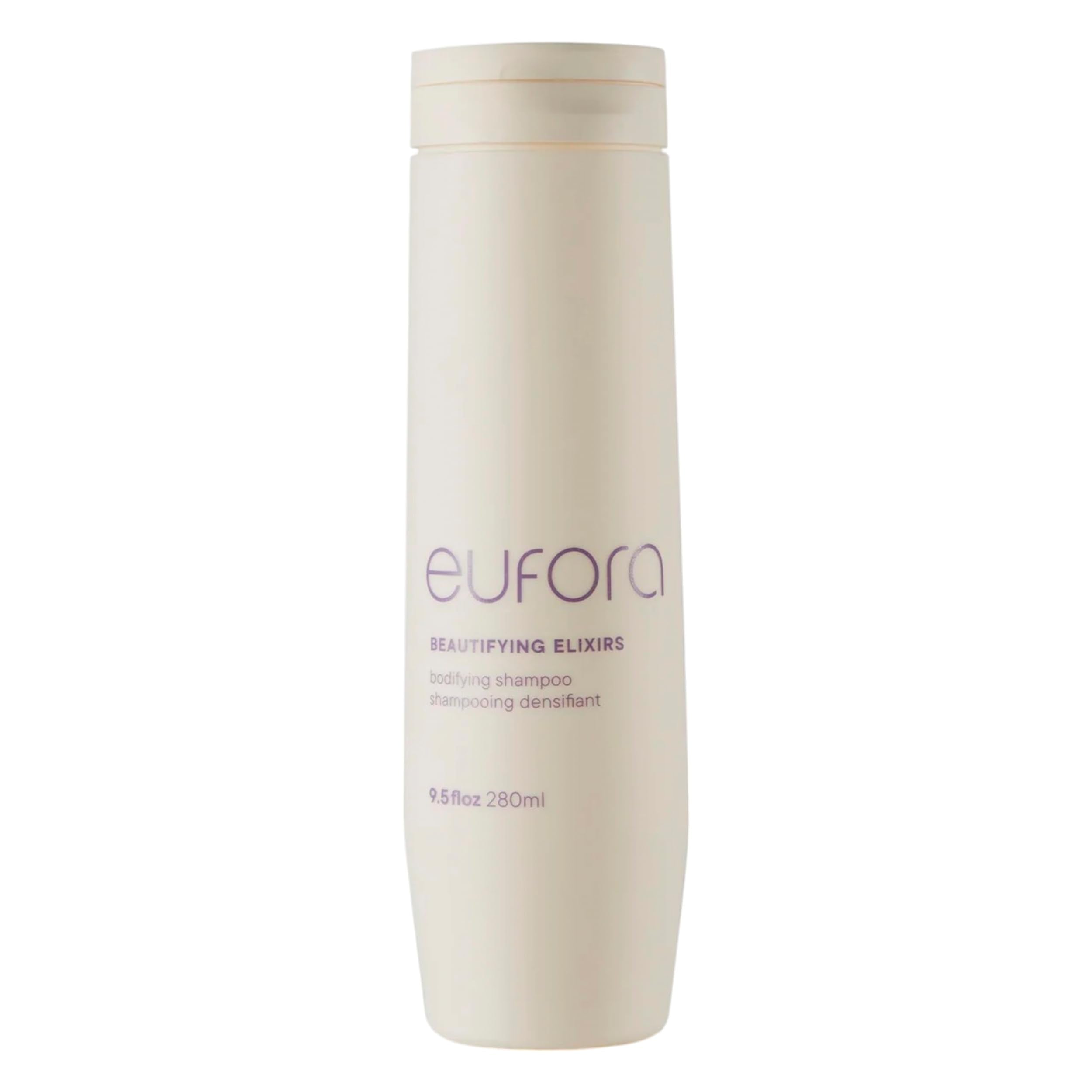 Eufora Bodifying Shampoo bottle closeup highlights color protection.