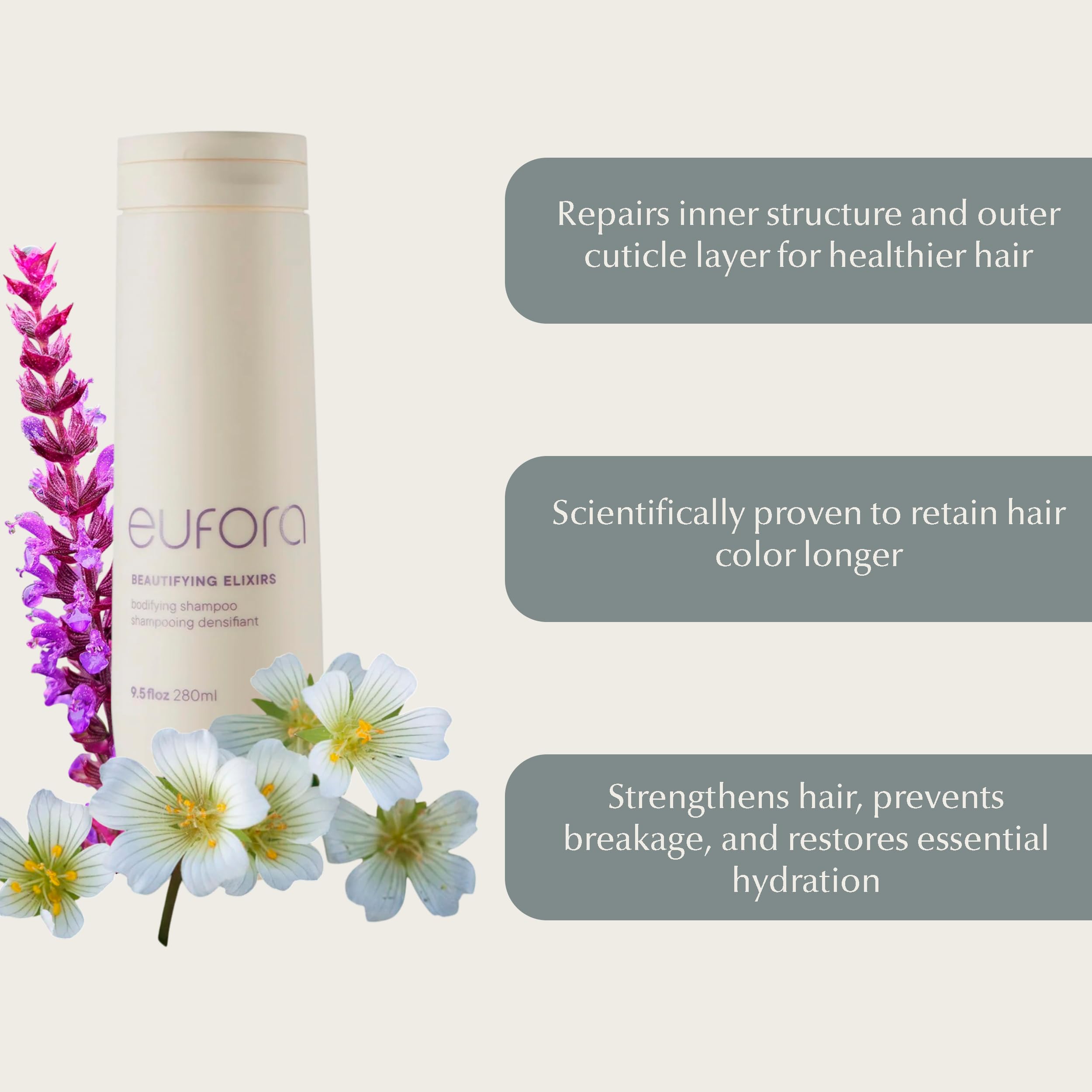 Eufora Bodifying Shampoo color-care foam preserves vibrant color.