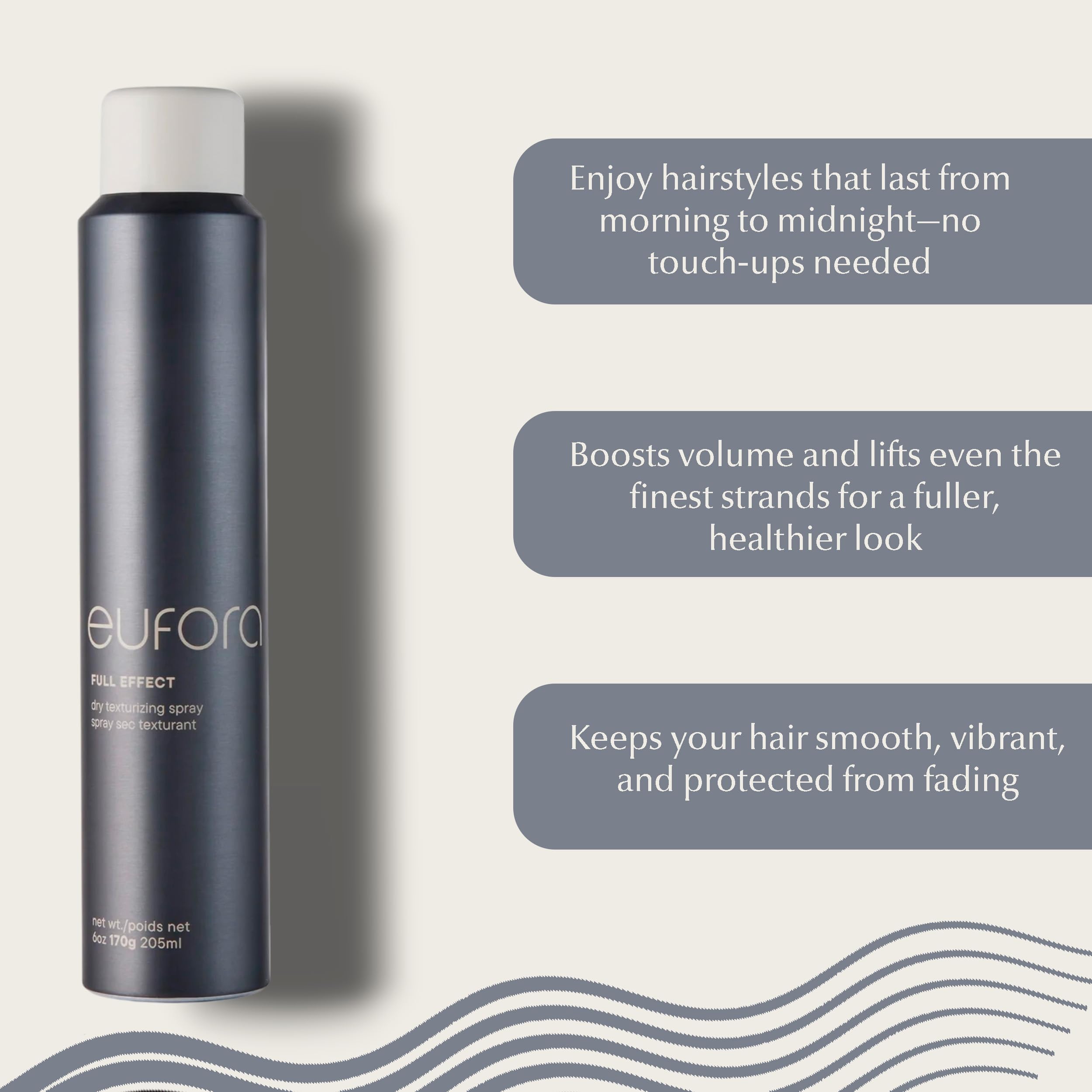 Eufora Full Effect Texturizing Spray controls frizz for sleek style