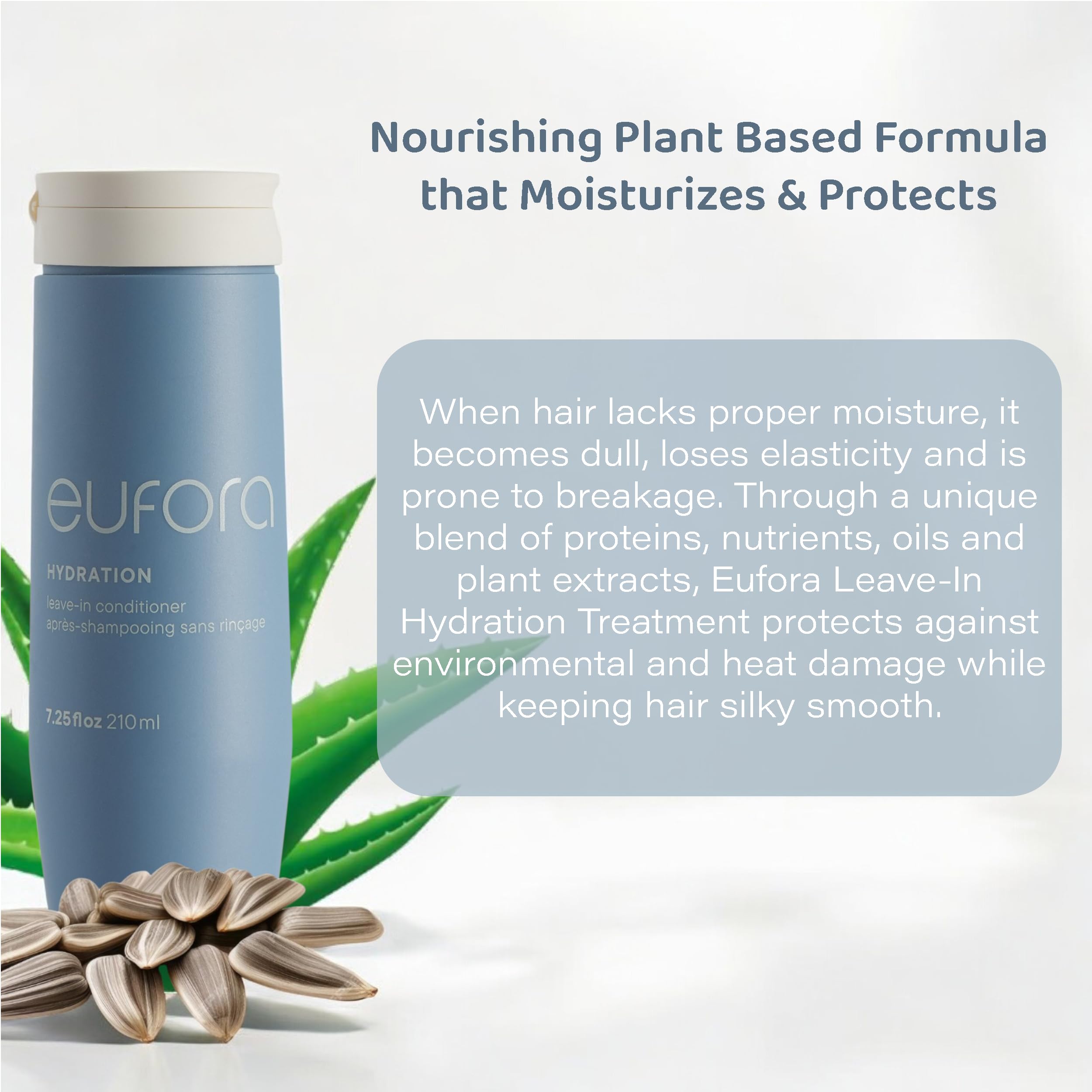 Closeup of Eufora Hydration Leave-In Conditioner texture showing silky weightless formula.