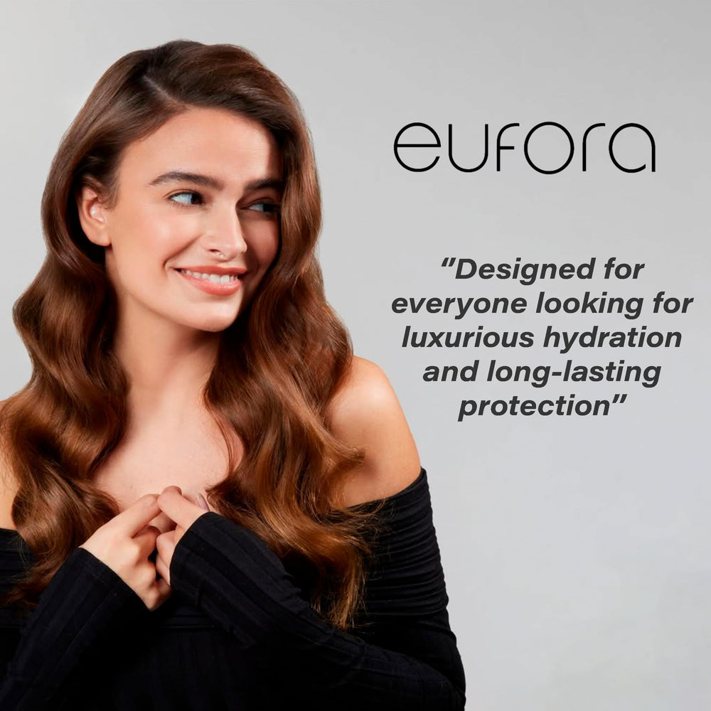 Eufora Moisture Intense conditioner application on damp hair for smooth, manageable strands.