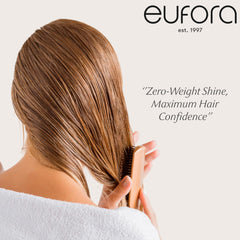 Eufora Pure Polish Shine Emollient on hair adds sleek frizz-resistant shine