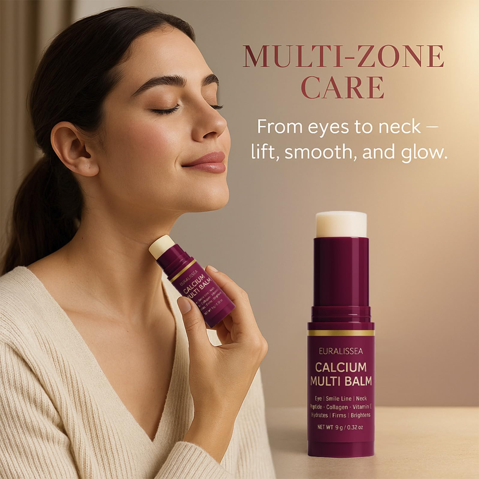 Euralissea Calcium Volume Multi Balm close-up highlights peptides for firming and bounce.