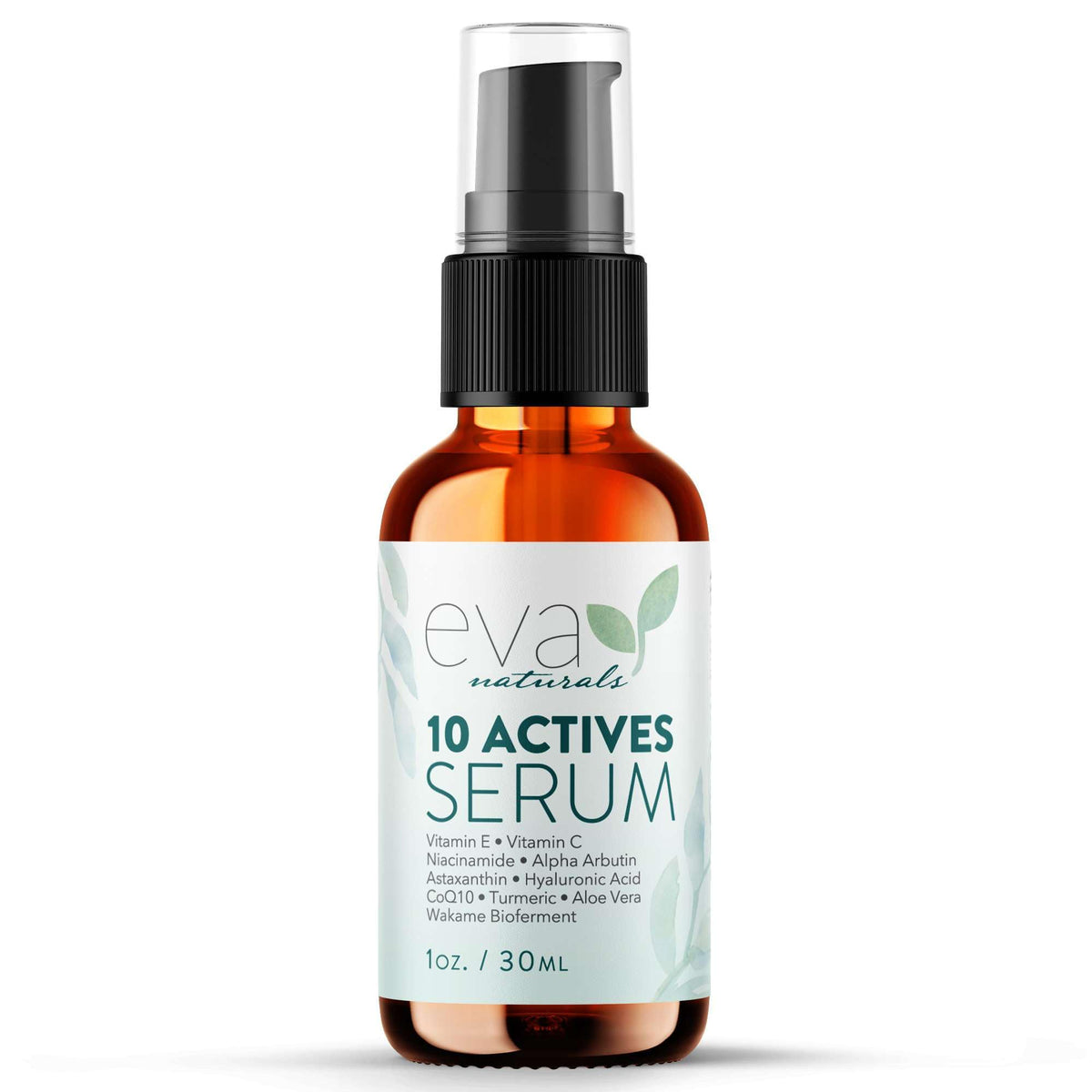 Eva Naturals 10 Actives Serum bottle showcasing premium packaging for daily brightening.