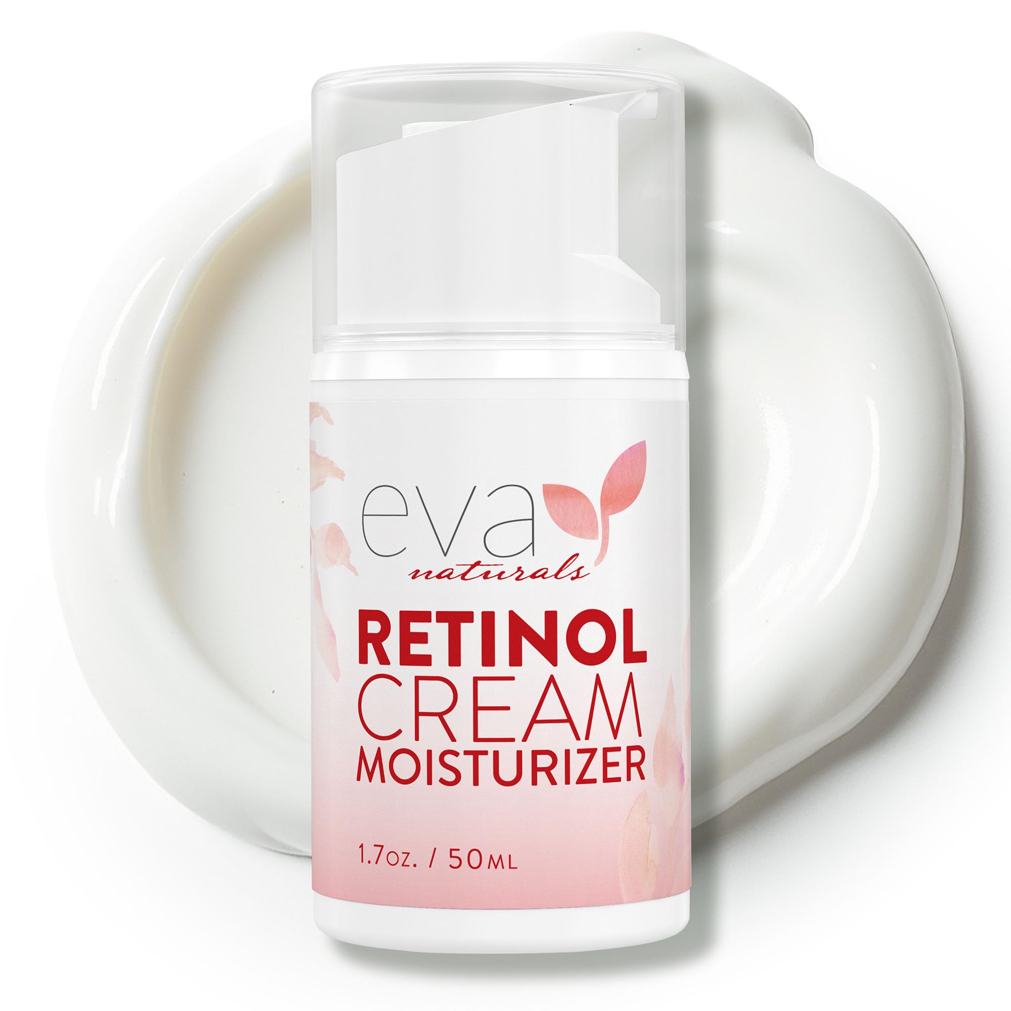 Eva Naturals anti-aging retinol cream bottle close-up for easy daily use and smoother skin.