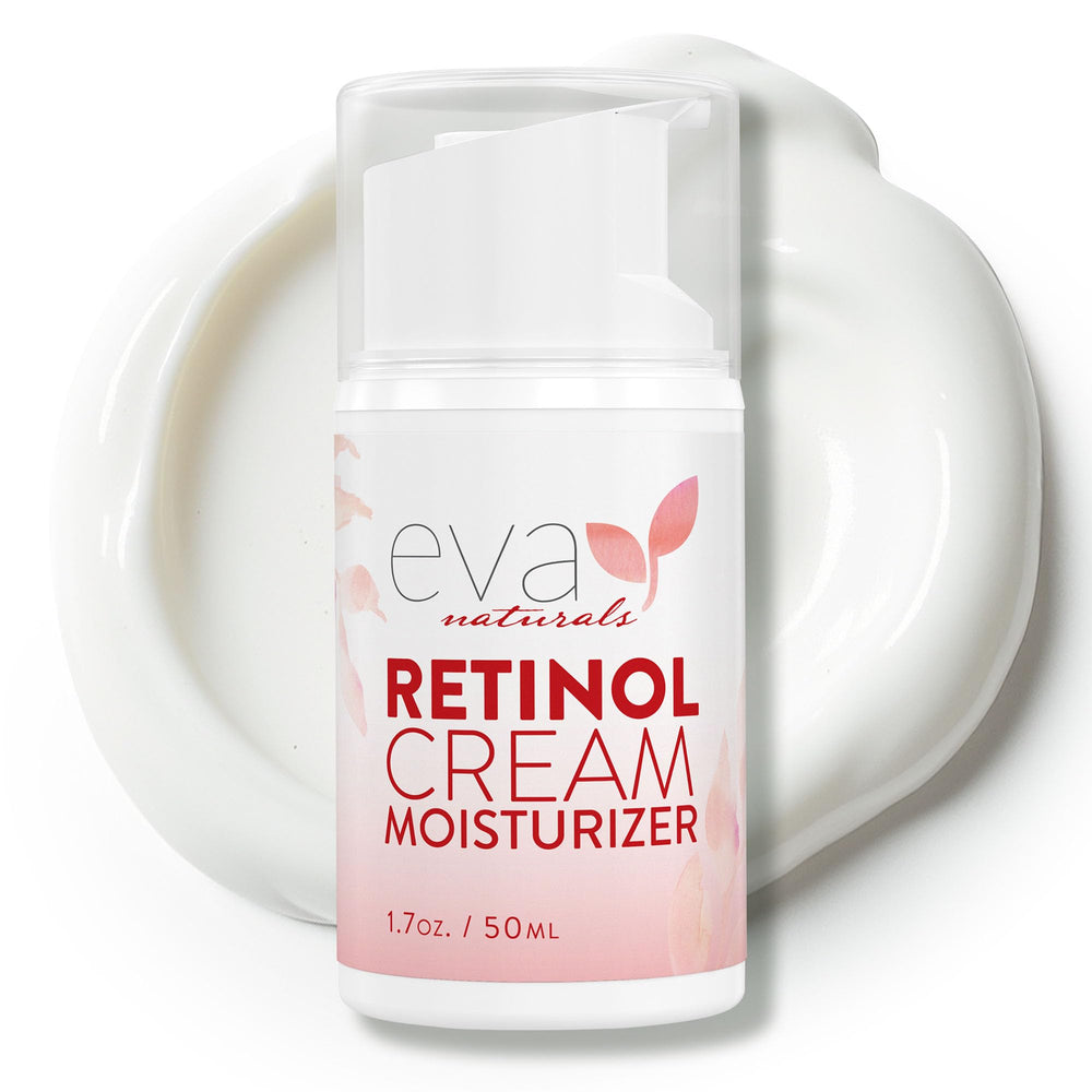 Eva Naturals anti-aging retinol cream bottle close-up for easy daily use and smoother skin.