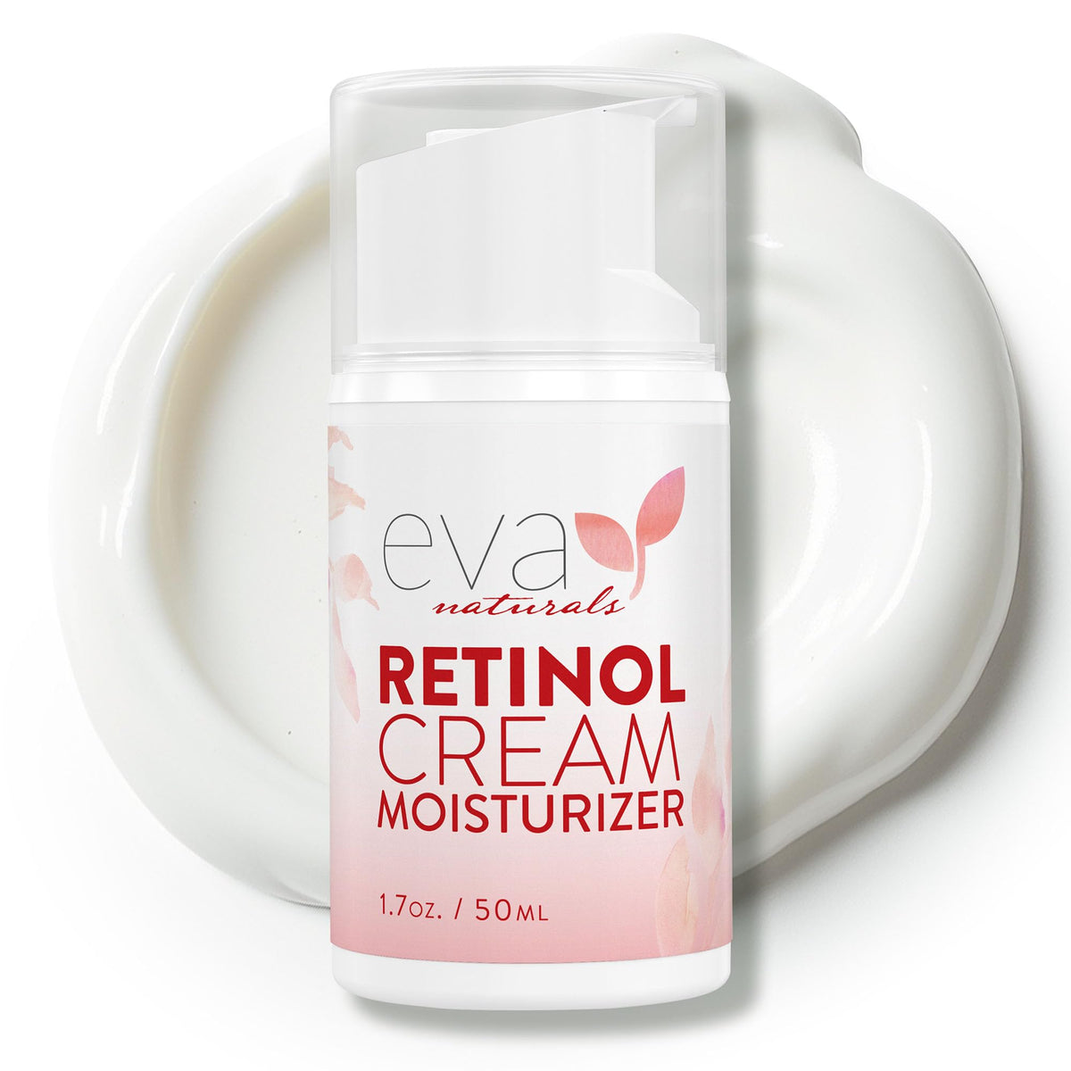 Eva Naturals anti-aging retinol cream bottle close-up for easy daily use and smoother skin.
