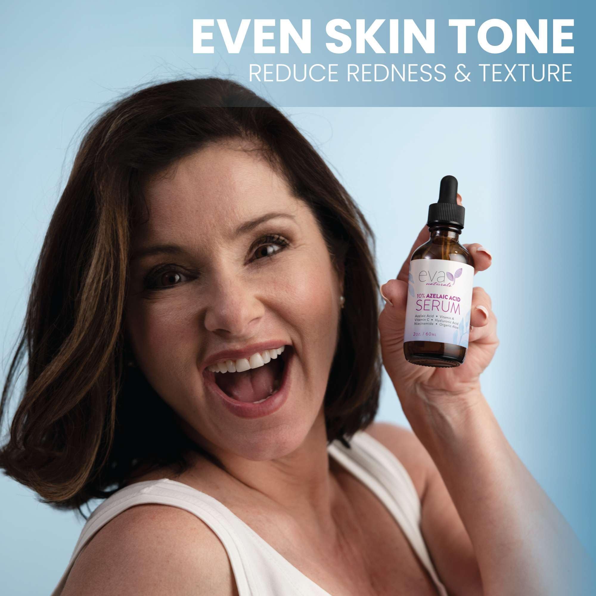 Eva Naturals azelaic acid serum applied on skin promotes balanced tone and clarity.