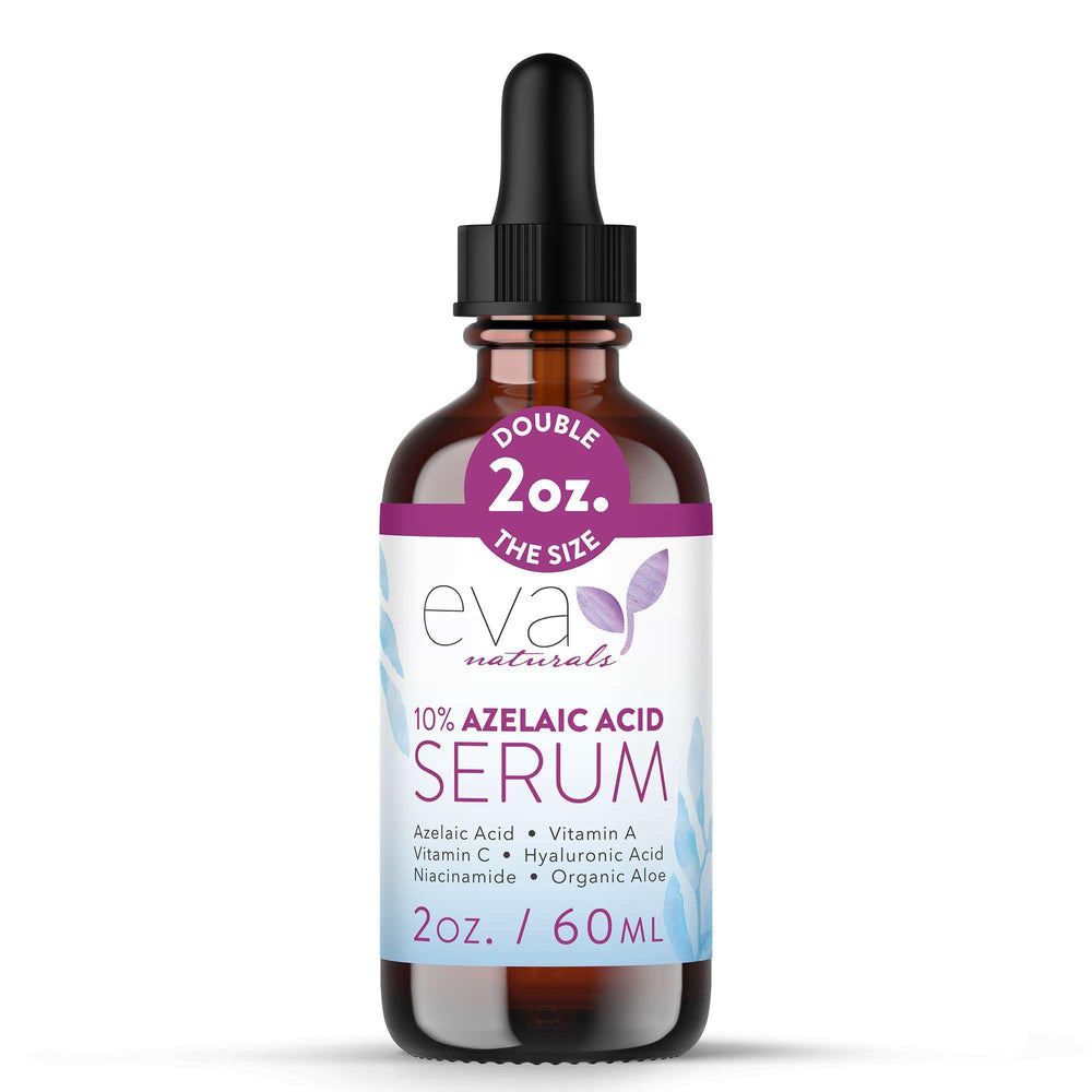 Eva Naturals azelaic acid serum bottle shows lightweight redness-relief formula.