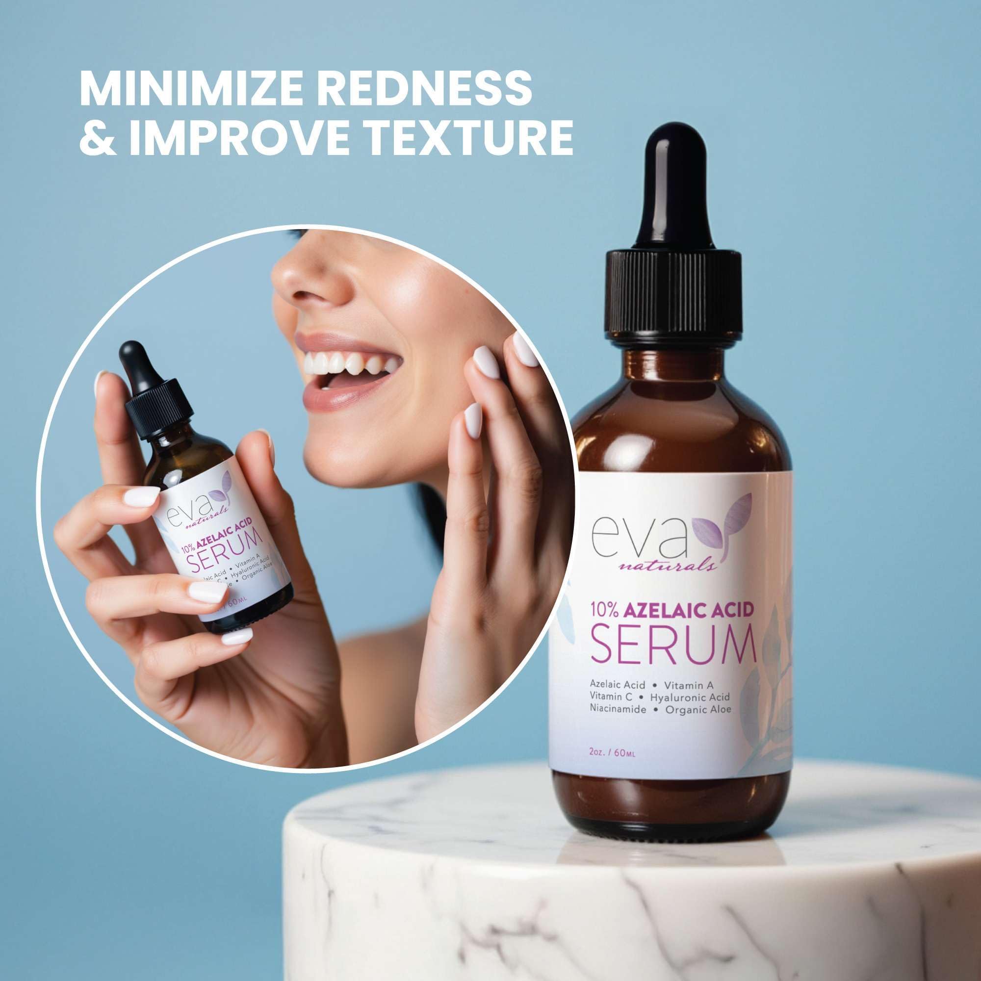 Eva Naturals azelaic acid serum packaging on vanity presents fragrance-free skincare.