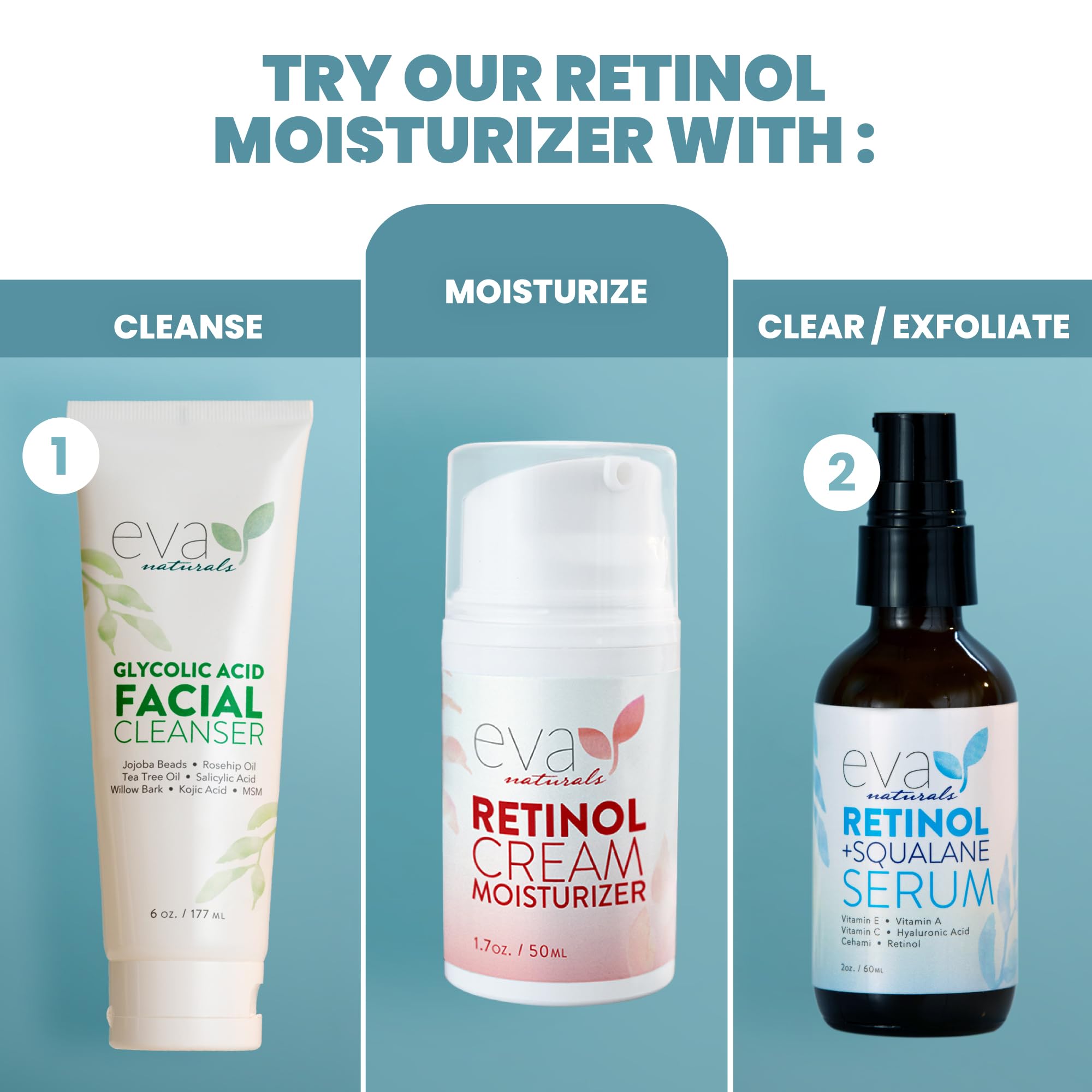 Eva Naturals clean beauty packaging shows free-from parabens, sulfates, and dyes.
